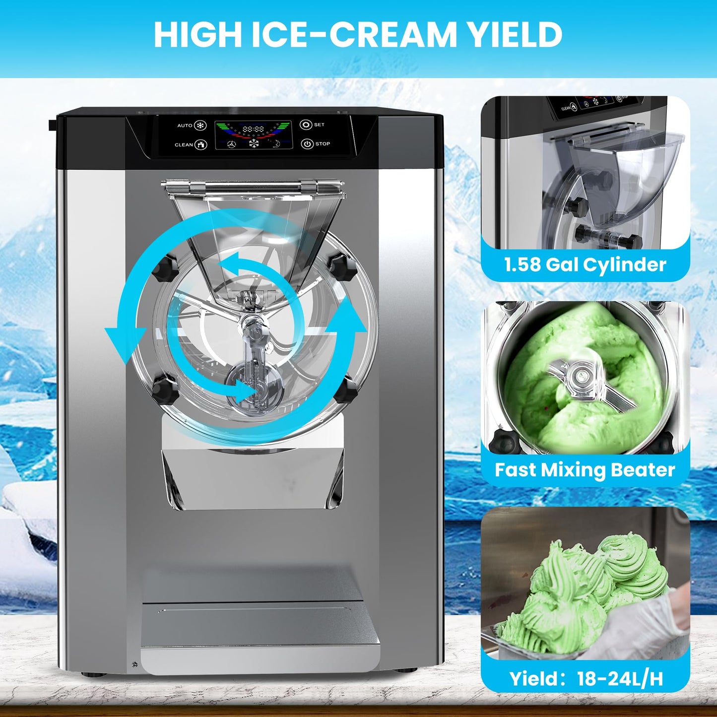 Patikuin 2000W Commercial Ice Cream Maker - Single Flavor Countertop Gelato Machine with LCD Touchscreen - 4.8-6.3 Gal/Hr Output - Automatic Cleaning - High Productivity for Snack Bars & Restaurants