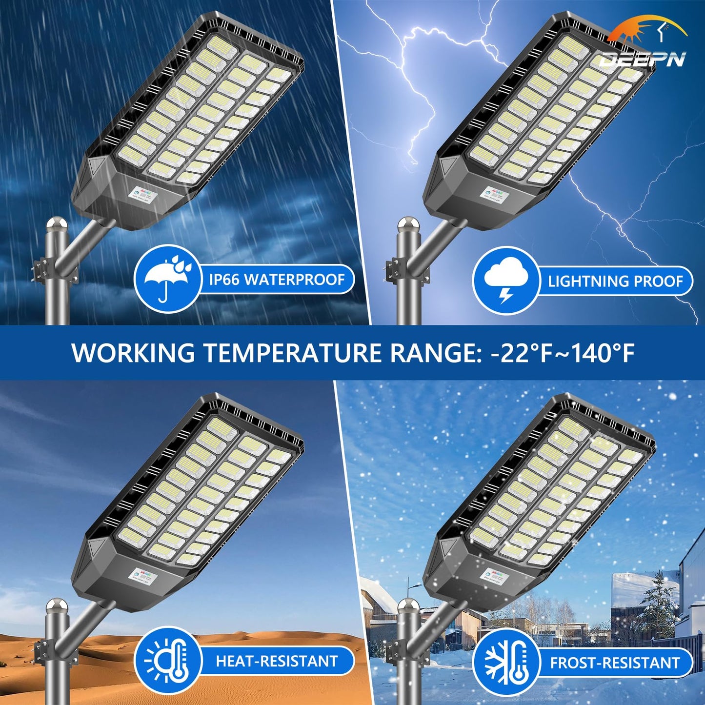 Deepn Solar Street Light, Commercial Grade Solar Lights Outdoor IP67 Waterproof, 9800W LED Flood Security Lights Motion Sensor & Dusk to Dawn Outdoor Lighting for Parking Lots, Streets & Yard, 2 Pack