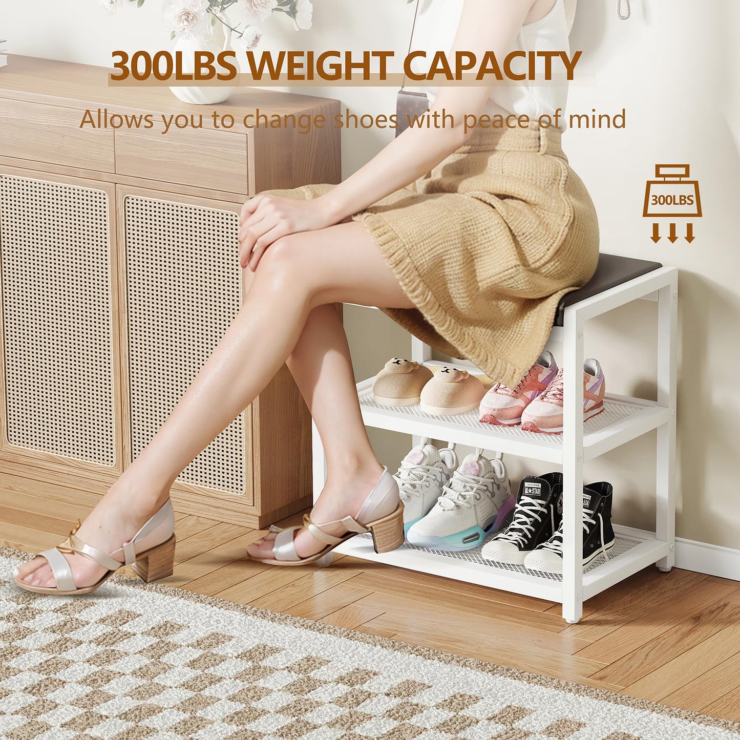 Small Shoe Bench Shoe Rack Storage Bench Entryway Bench Shoe Shelf with Seat Cushion, Stable Shoe Organizer for Entryway, Living Room, Bench Seat Holds Up to 300 lb, (18"L x 12"W x 17"H, White)