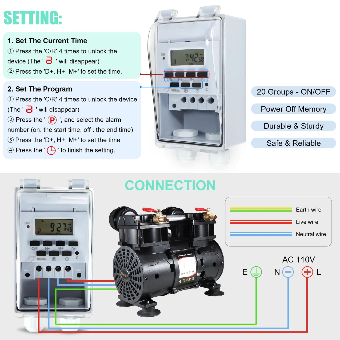 Goldlife A2 Pond Aerator, 7CFM Pond Aeration System for Up to 5 Acre Lake,110V/120V 1HP 750W Compressor & 2 Self-sinking Hoses 100FT & 2 Diffusers & Timer & 16FT Tube, Air Pump for Water Circulation