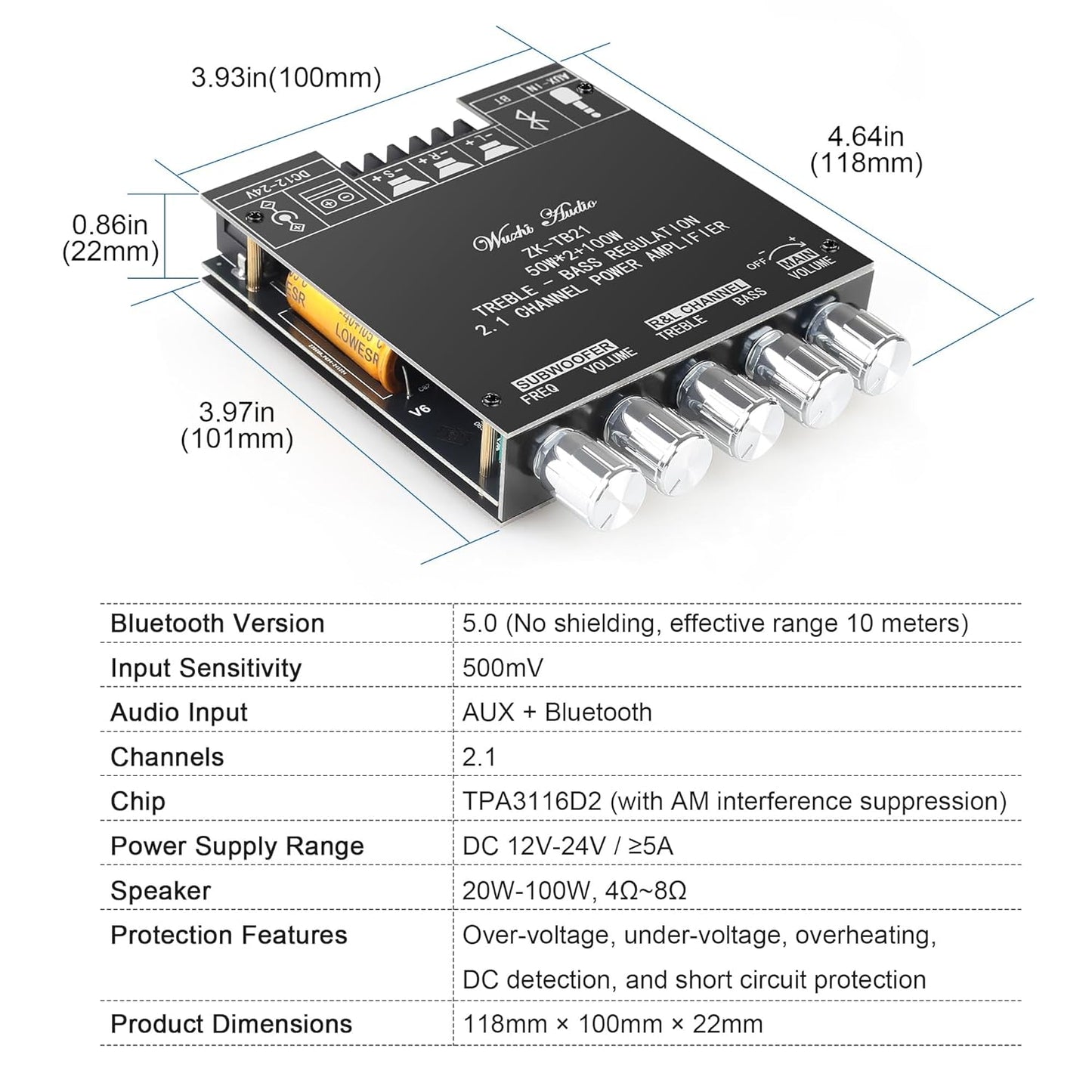 Wuzhi Audio ZK-TB21 50W+50W+100W 2.1CH 5.0 (ZK-TB21) Bluetooth Subwoofer Amplifier Board Bass/Treble Control, AUX/USB