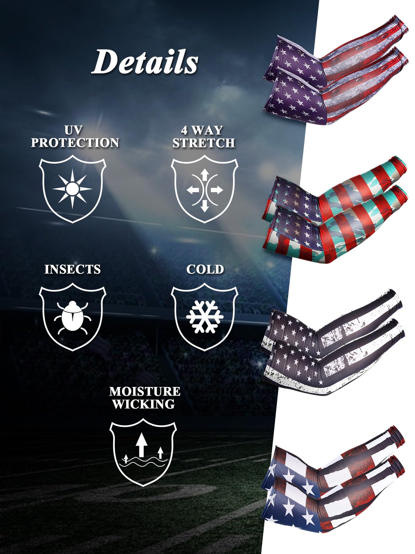 SATINIOR 8 Pairs Arm Sleeves for Men Women Compression UV Sun Protection Arm Sleeves USA Flag 250th Anniversary for Men(M)