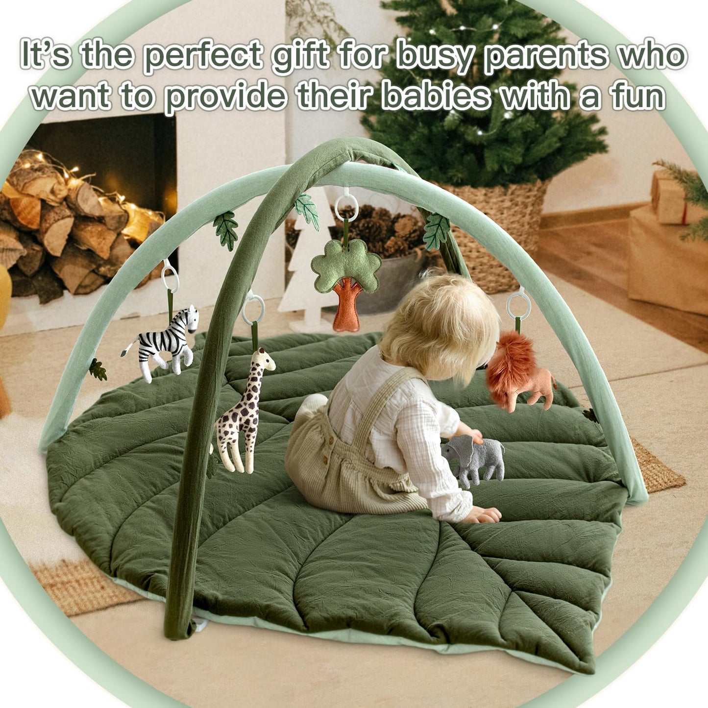 Baby Play Gym with Mat Leaf Shaped, Baby Play Mat with 5 Hanging Toys Tummy Time Mat, Baby Gym Activity Center, Washable (Green)