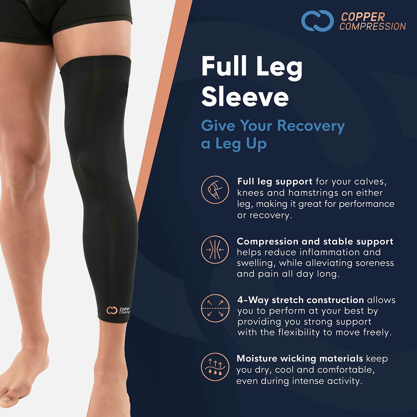 Copper Compression Leg Compression Sleeve - Copper Infused Knee Stabilizer Brace for Running, Meniscus Tear, ACL, MCL, Arthritis, Joint Pain Relief - Thigh & Calf Support for Men & Women - Black - M