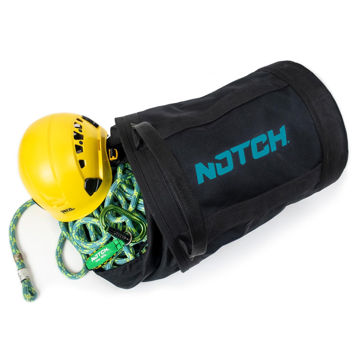 Notch Pro 250 Black/Teal Rope Bag, 28L Capacity, Holds 250 ft. of ½ in. rope, Dual Handles, Cinch Top Closure, 600 Denier Fabric with Reinforced Seams, H: 16” x W: 12” (40025BT)