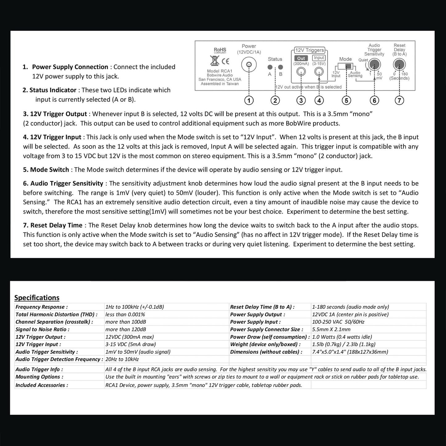 Automatic RCA Audio Selector by BobWire, Model RCA1 - Switch Operates by Audio Sensing or 12V Trigger. (Use for Home Theater Bypass, Jukebox, Karaoke & Auto Source Selection)