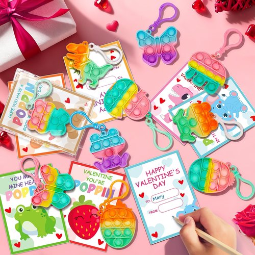 Jyusmile Valentines Day Cards for Kids School - 24 Pack Assorted Pop Fidget Keychains Bulk, Valentine's Day Gifts for Kids Classroom Exchange, Valentine Cards Party Favors for Boys Girls
