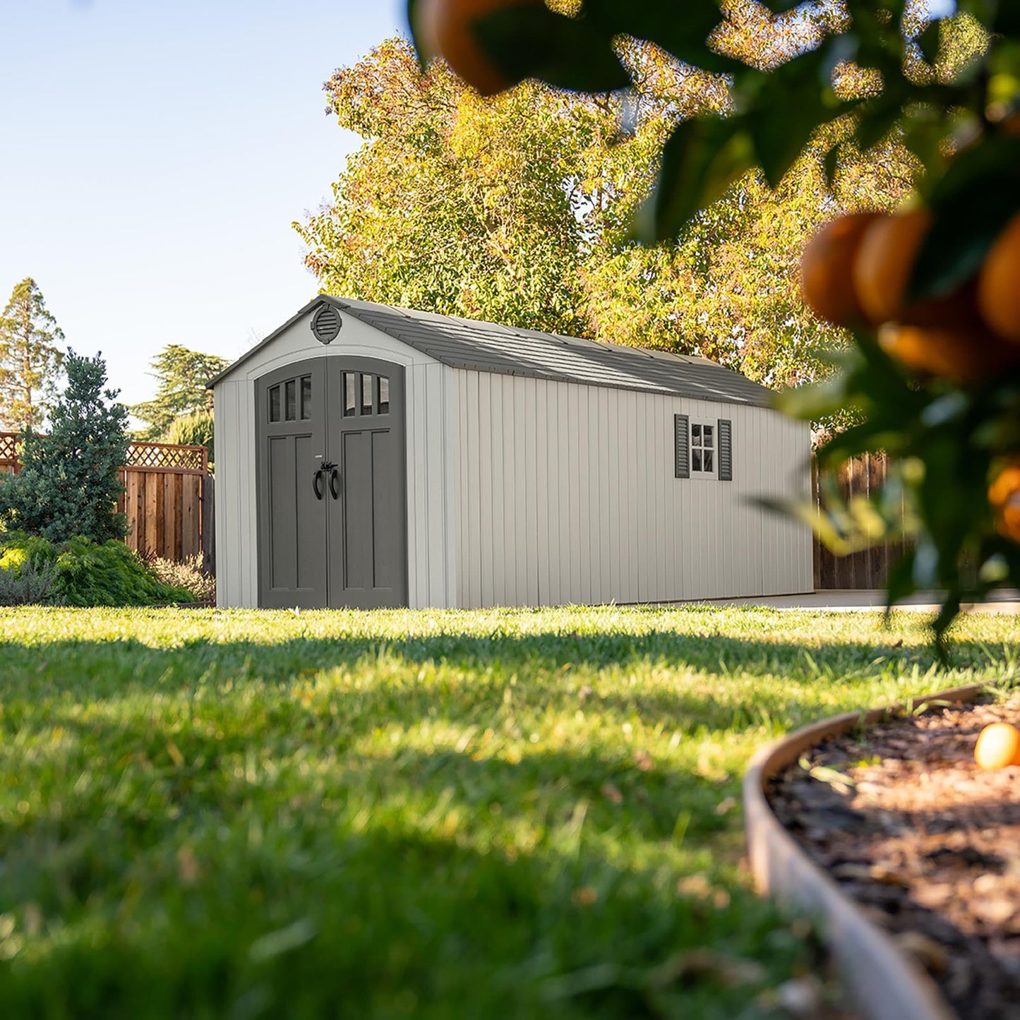 Lifetime Outdoor Storage Shed, 8x20 Ft, Gray, Resin Backyard Tool Shed with Lockable Doors and Weather-Resistant Panels