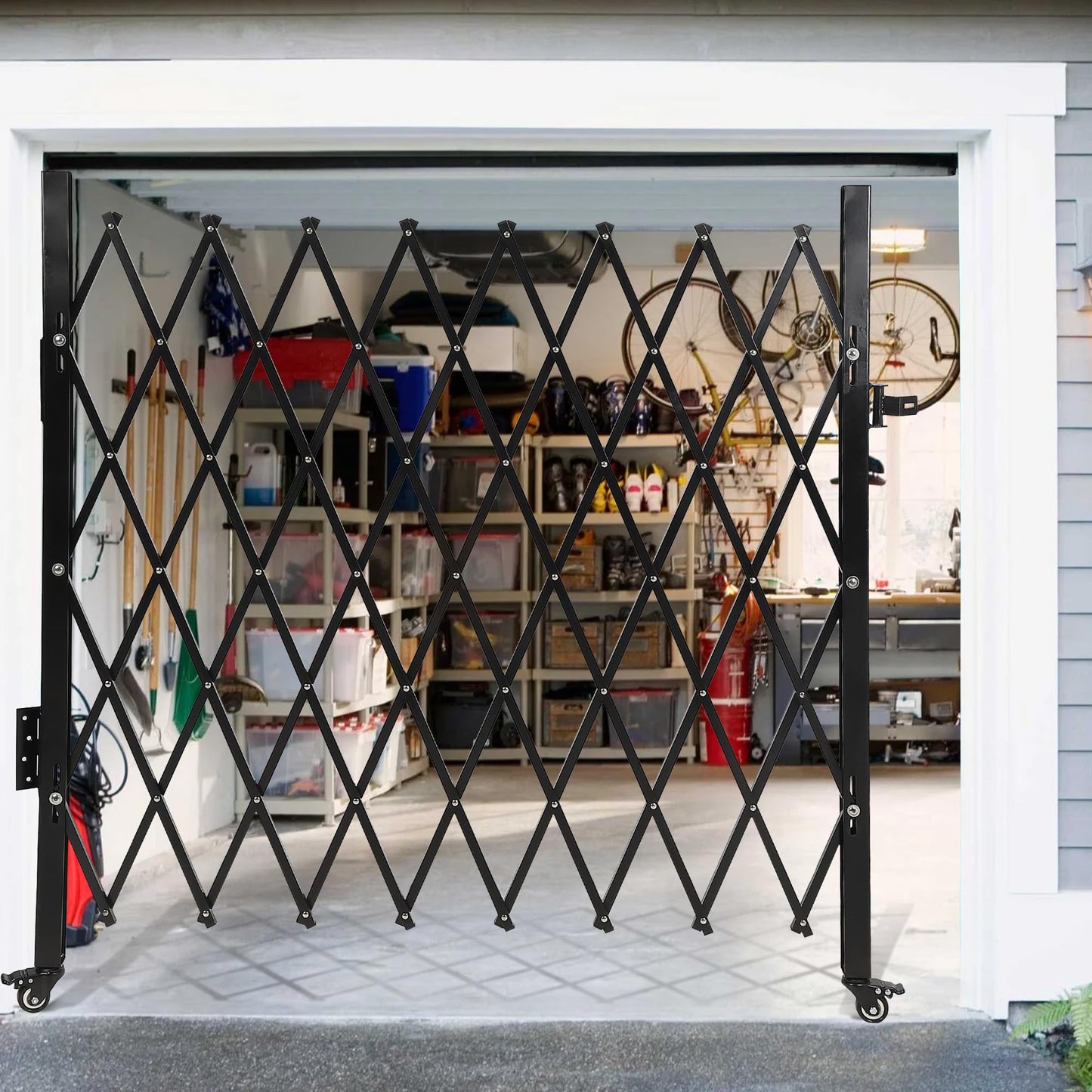 50" High x 67" Wide Expanding Security Gate. Black Aluminum Folding Scissor Gate with 360° Rolling Design. a Flexible and Portable Barricade for Driveways, Doors, and Access Control.