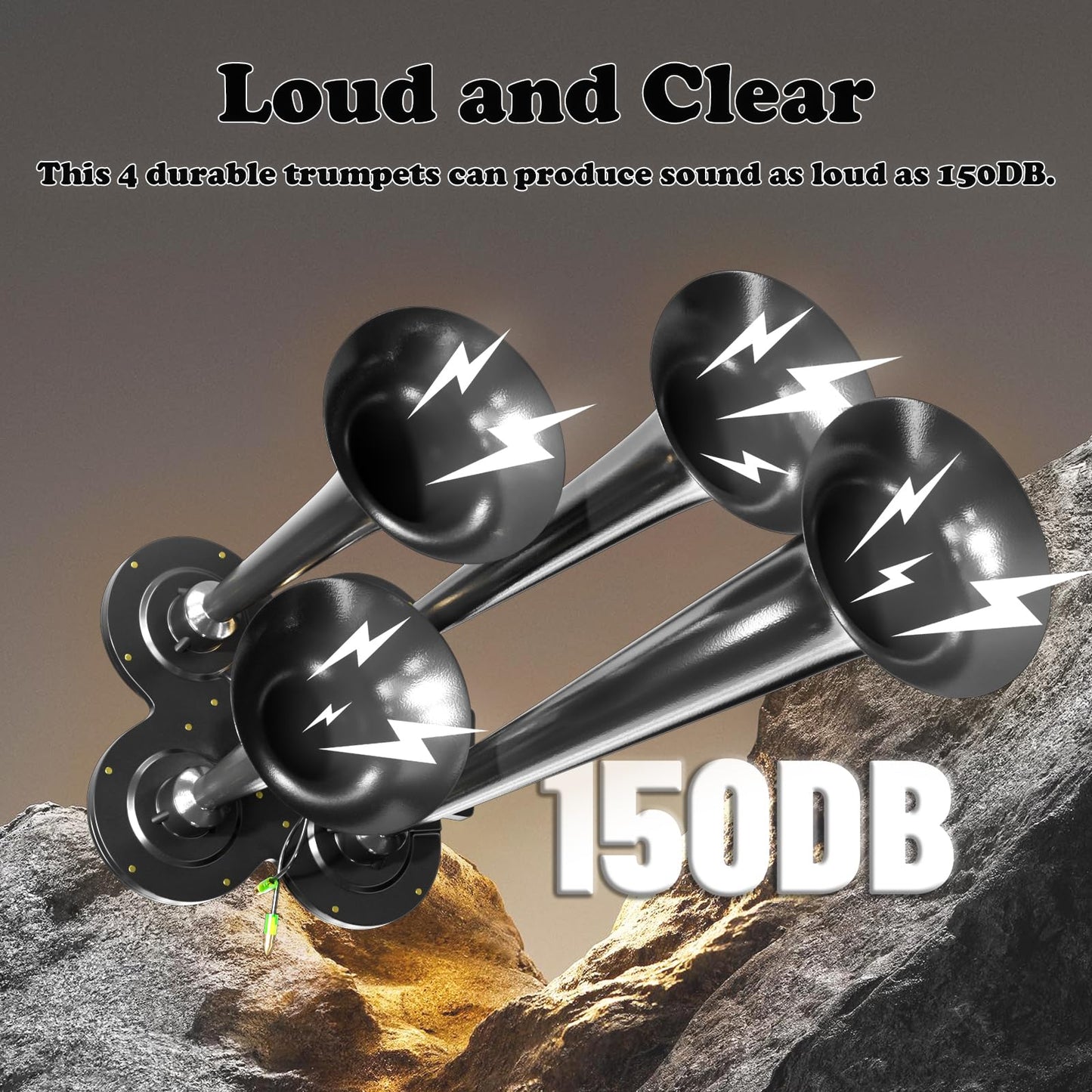 150DB Train Air Horn Kit, 4 Horn Kits for 150 PSI 12V Air Compressors, Ultra Loud Air Horn With Built-in 90-120 PSI Pressure Switch and Temperature Controller for Truck Complete Kit, Black 1.59 Gallon