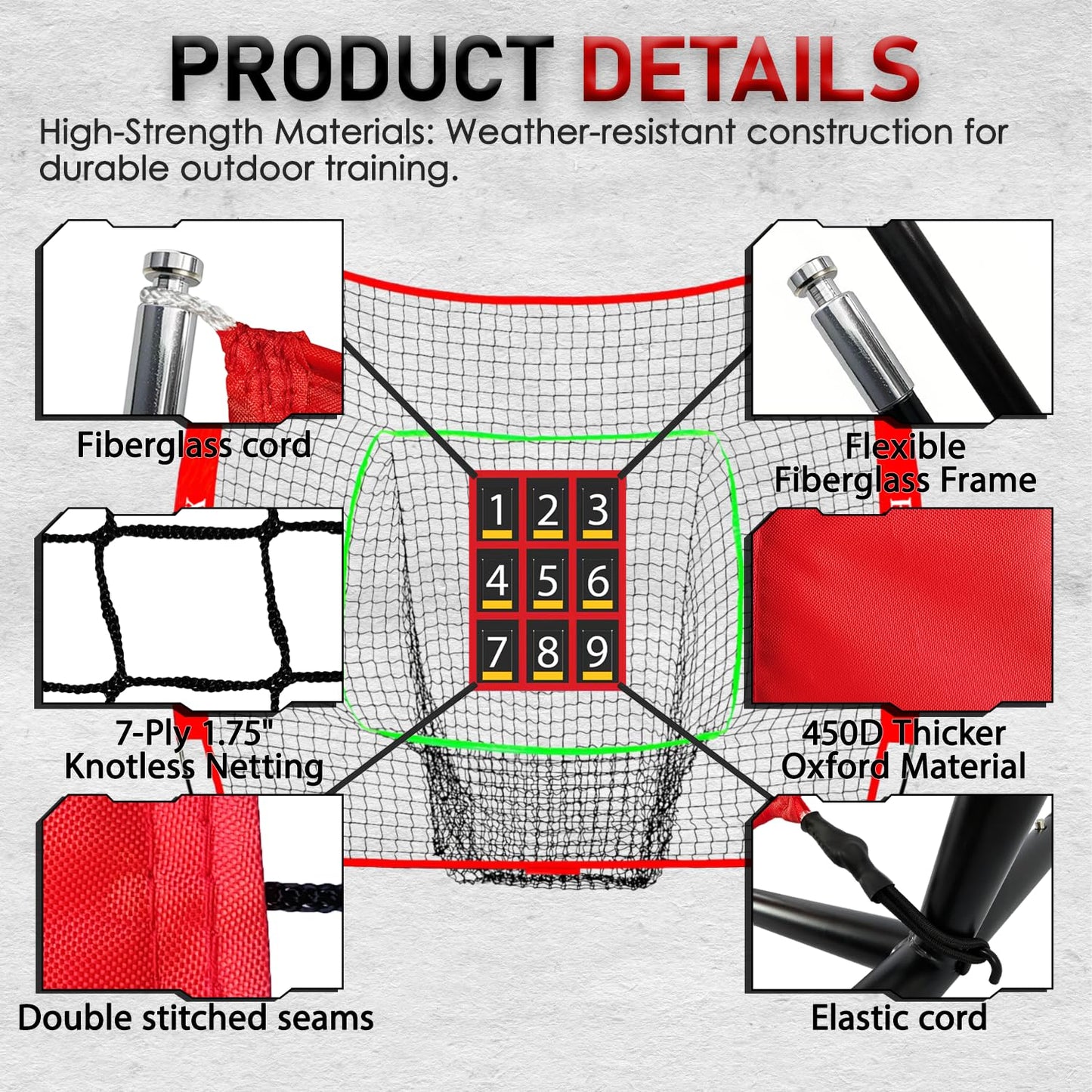 7x7ft Baseball & Softball Practice Net with Numbered Strike Zone & Batting Tee - Heavy Duty Portable Hitting Pitching Training Net for Accuracy and Swing Practice, Includes Carry Bag (7 ft x 7 ft)