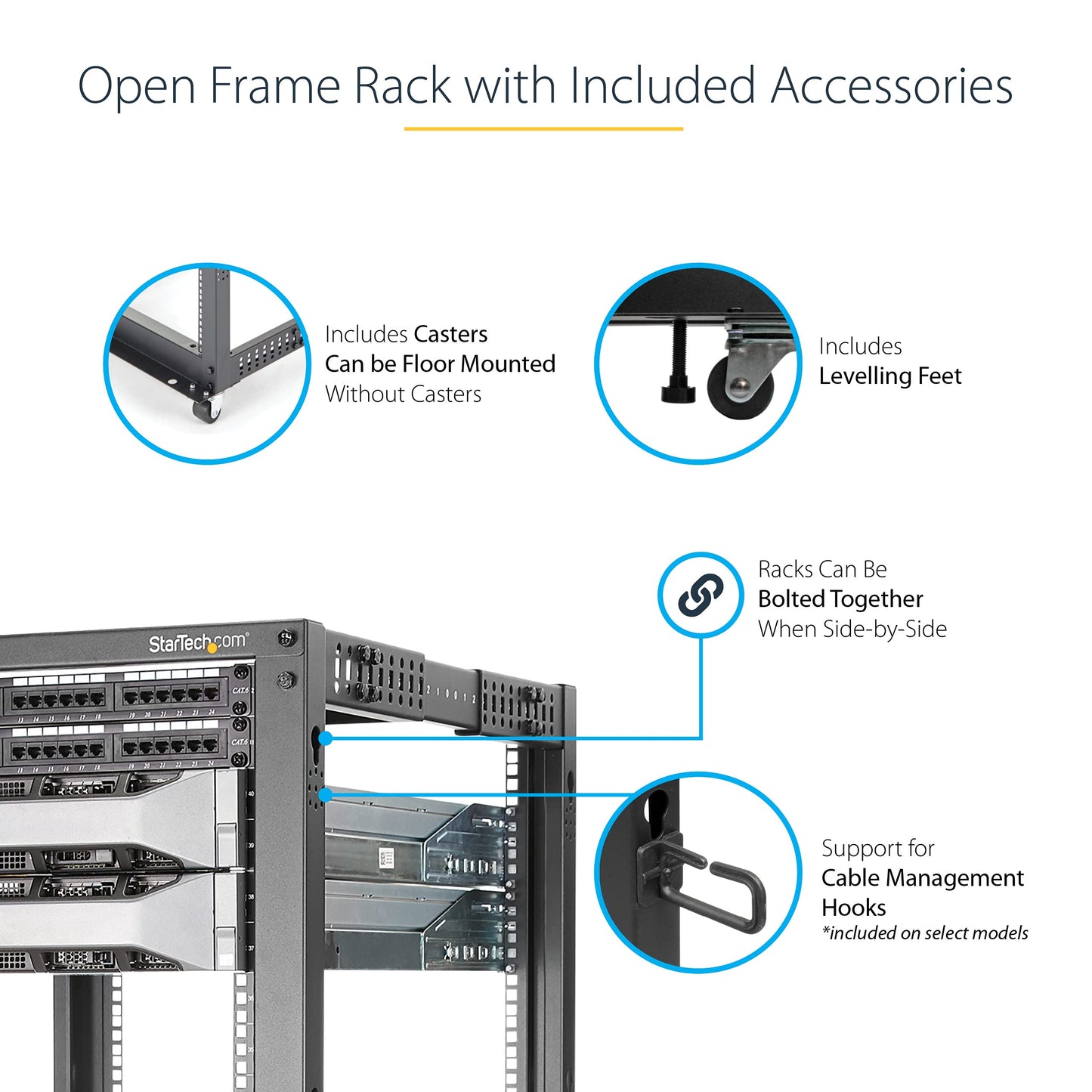 StarTech 18U 4-Post Server Rack, 19in Open Frame Rack with 40in (101cm) Mounting Depth and 1200lb (544kg) Weight Capacity, Mobile or Floor Mount IT Rack