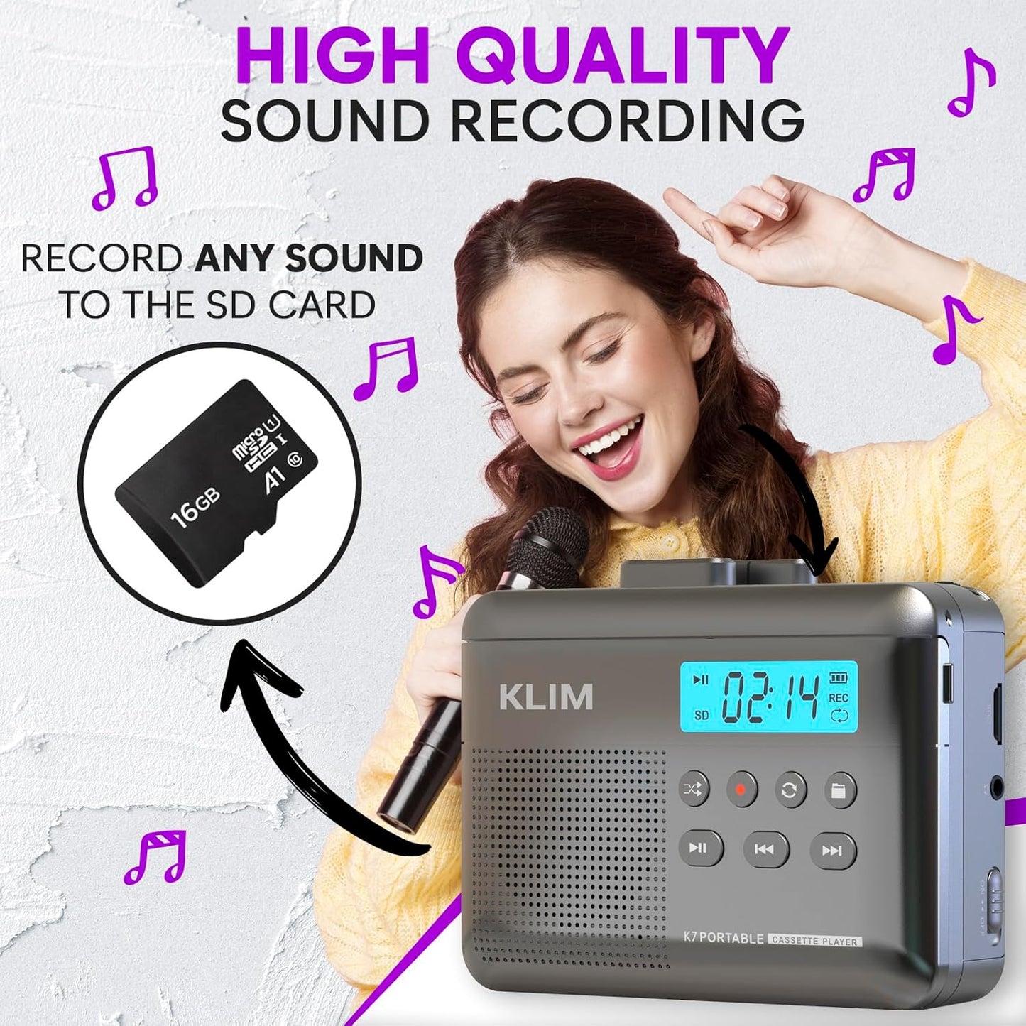 KLIM K7 Cassette Cassette MP3 16GB Tape Player - to Converter - Portable - Built-in Microphone & Speaker - Rechargeable