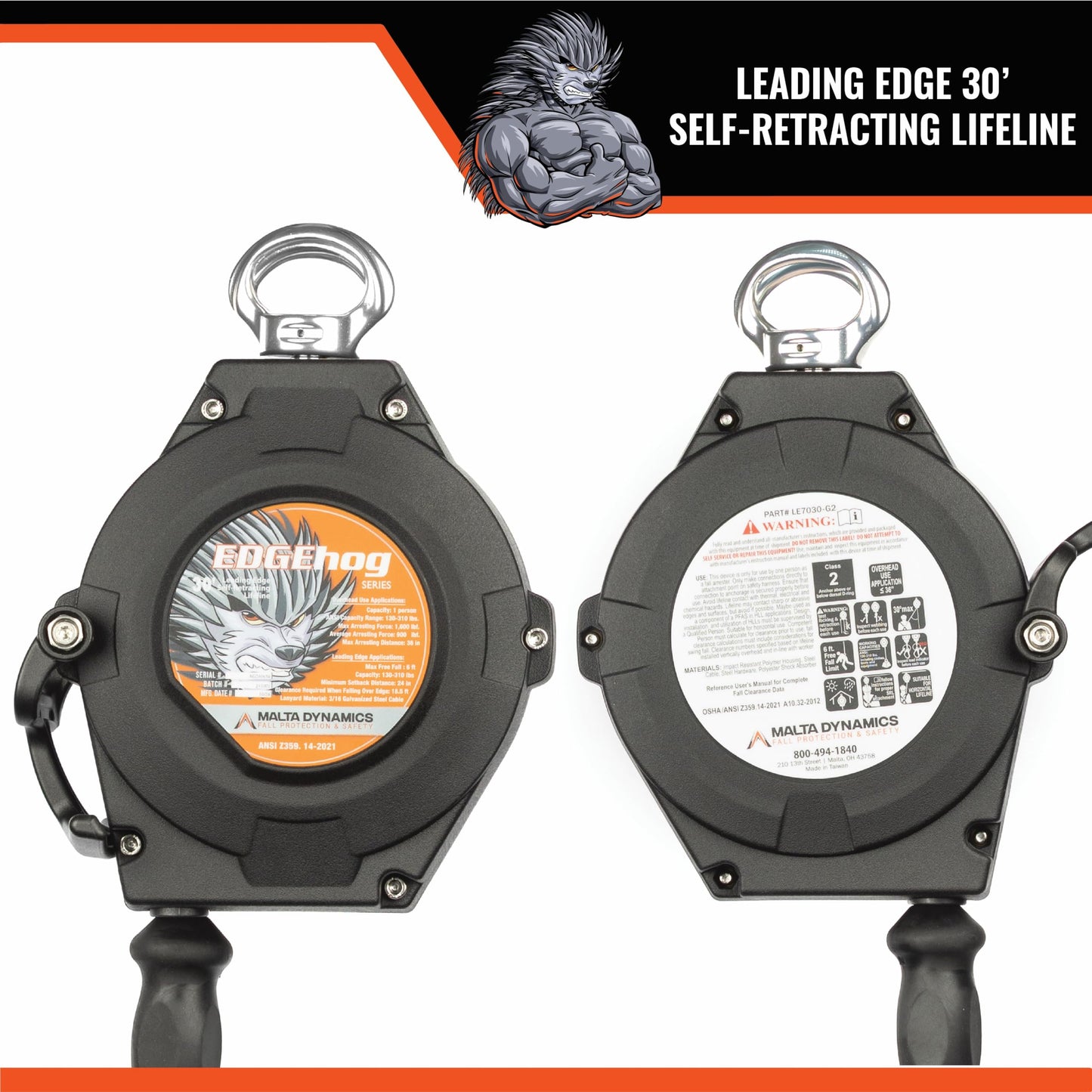 Malta Dynamics Edgehog Self Retracting Lifeline – 30’ Leading Edge Fall Protection Yoyo Cable, Class 2 Retractable Lanyard with Quick-Action Brake, OSHA and ANSI Compliant Safety Lanyard