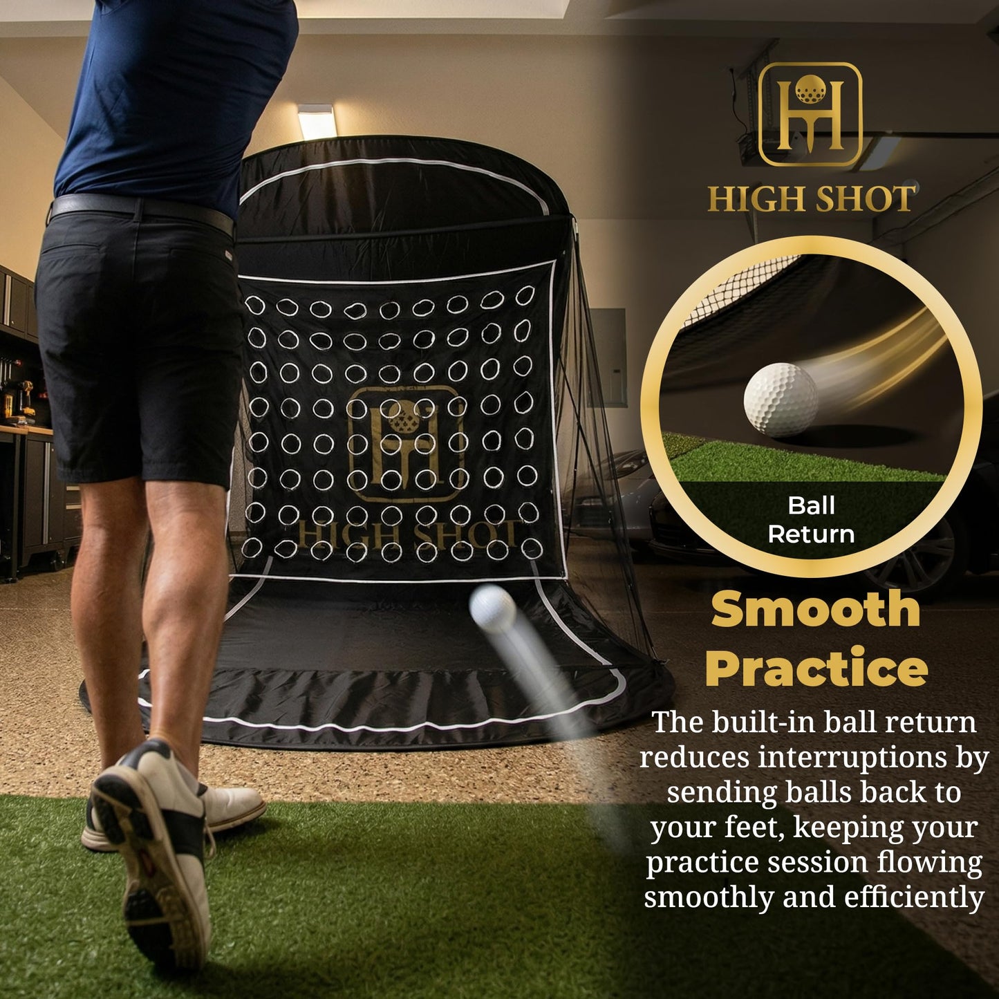 High Shot Golf Practice Net with Ball Return and Two Interchangeable Target Nets - 7.5 ft x 6 ft x 9.5 ft Heavy Duty Dual Golf Hitting Net System with Canopy for Indoor and Outdoor Use