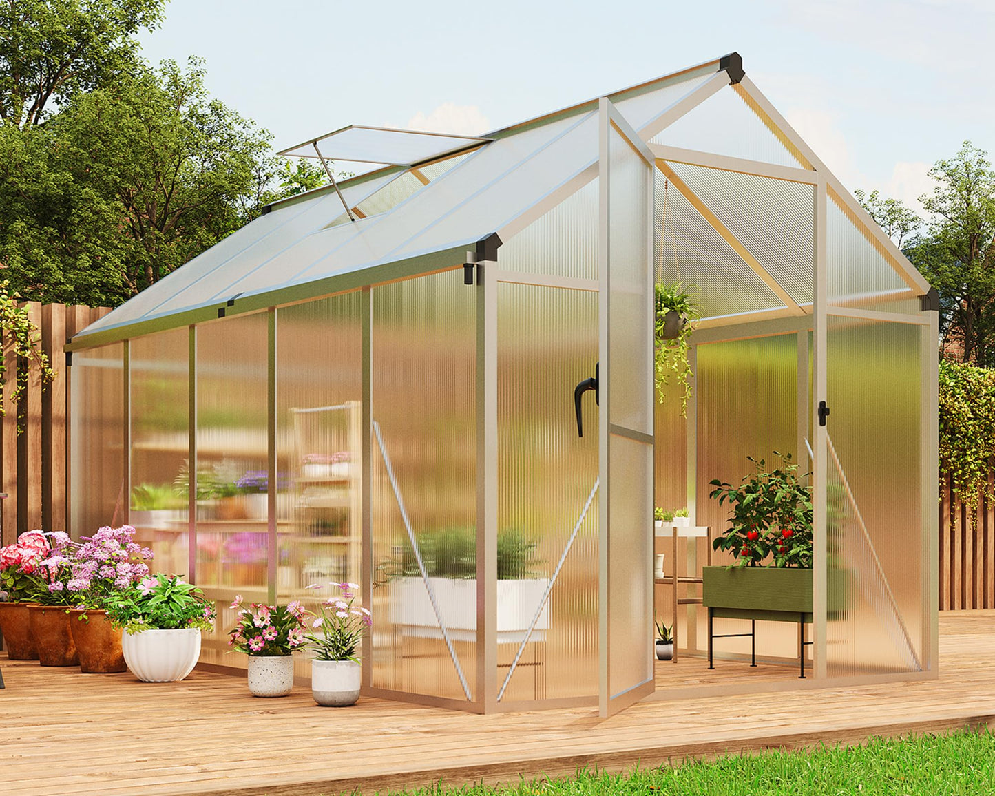 6X8FT Greenhouse, Aluminum Polycarbonate Outdoor Green House, Green Houses for Outside with Sliding Doors, Ajustable Roof Vent, Withstands Bad Weather for Garden, or Backyard, Silver