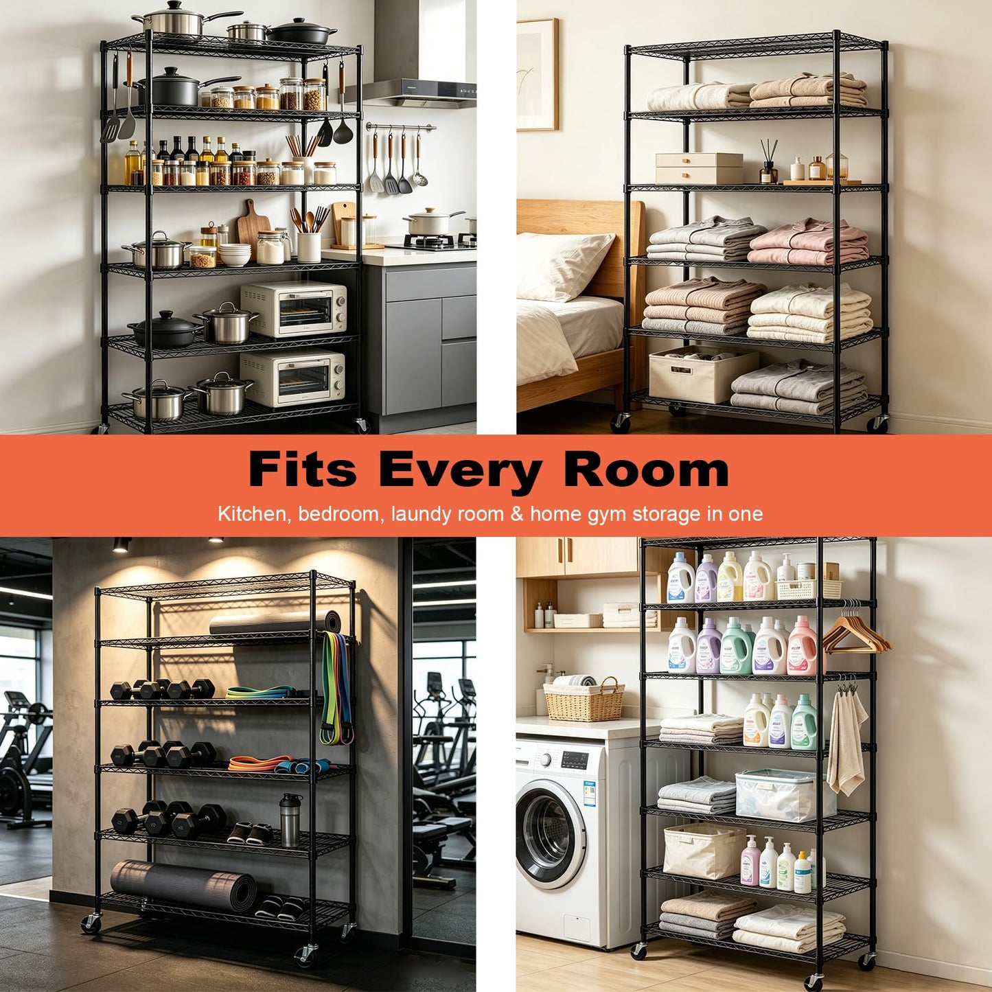 Meet perfect 6-Tier Storage Shelves NSF Certified Wire Shelving Unit on Wheels Heavy Duty Metal Shelves Adjustable Steel Shelving 2100Lbs Capacity for Closet Pantry Basement- (18"x45"x82", Black)