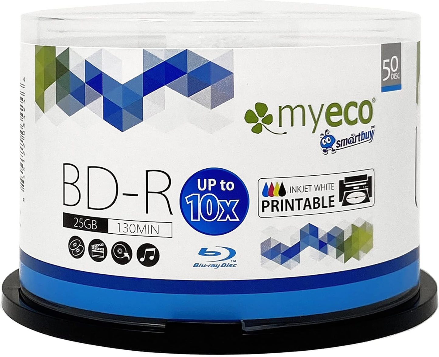 Smartbuy 50 Pack 25gb 10x Packing Myeco Bd-r BDR Blu-ray Upto White Inkjet Hub Printable Blank Data Recordable Media