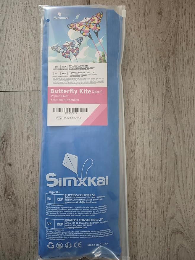 Simxkai Butterfly Kite for Kids & Adults, Easy to Fly Blue Big Kite for Beginners, Line Handle Included (1Pack 2Pack)