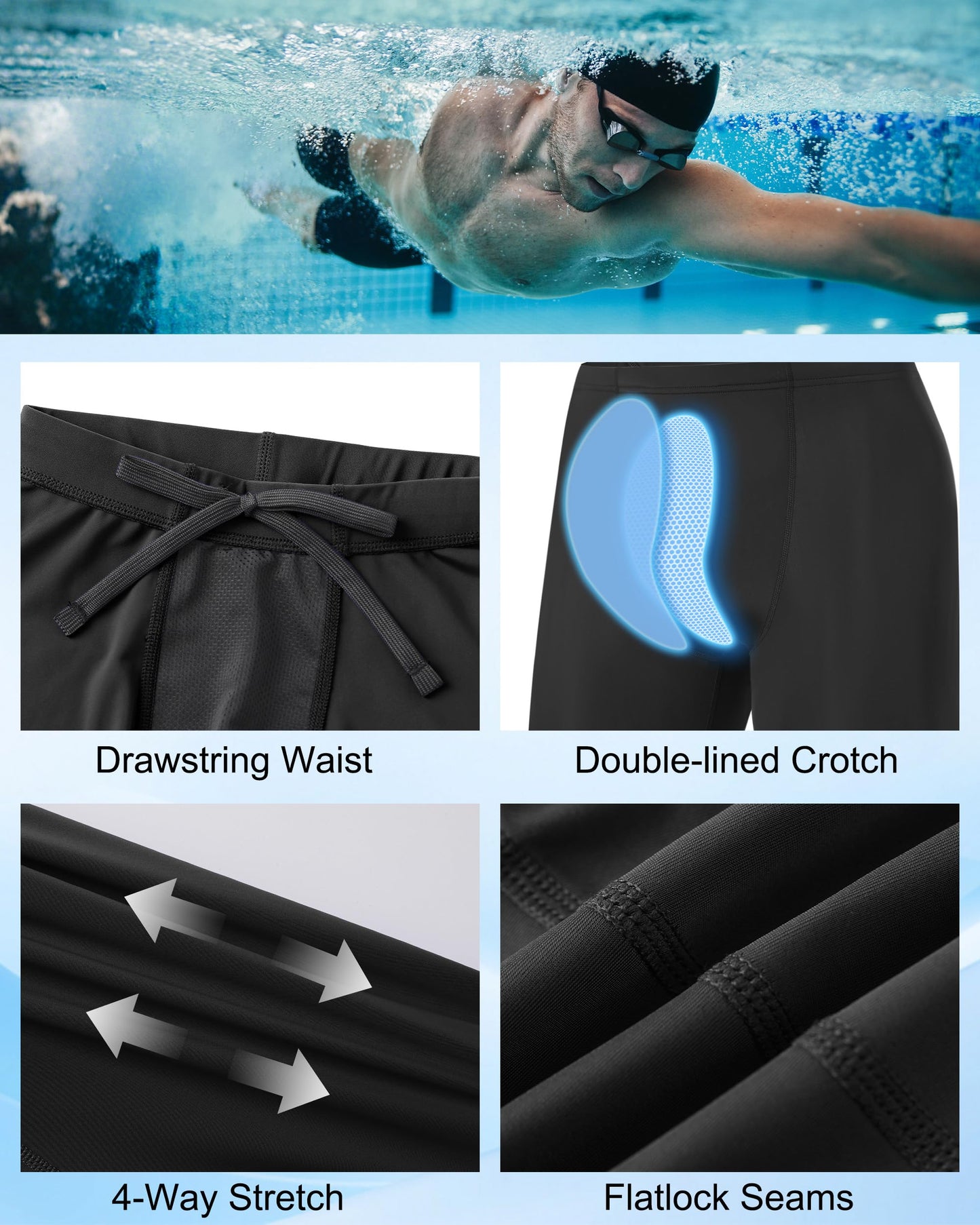 Roadbox Men's Athletic Swim Jammers, Competitive Training Endurance Swimsuit, Quick Dry Racing Swimming Shorts UPF 50+ Black
