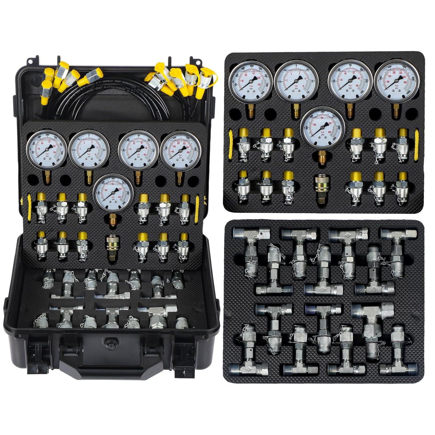 Hydraulic Pressure Test Kit with 5 Gauges up to 10000 PSI 10–600 Bar, 13 Couplings 14 Tee Connectors and 5 Hoses, Hydraulic Tester for Excavators Loaders and Construction Equipment