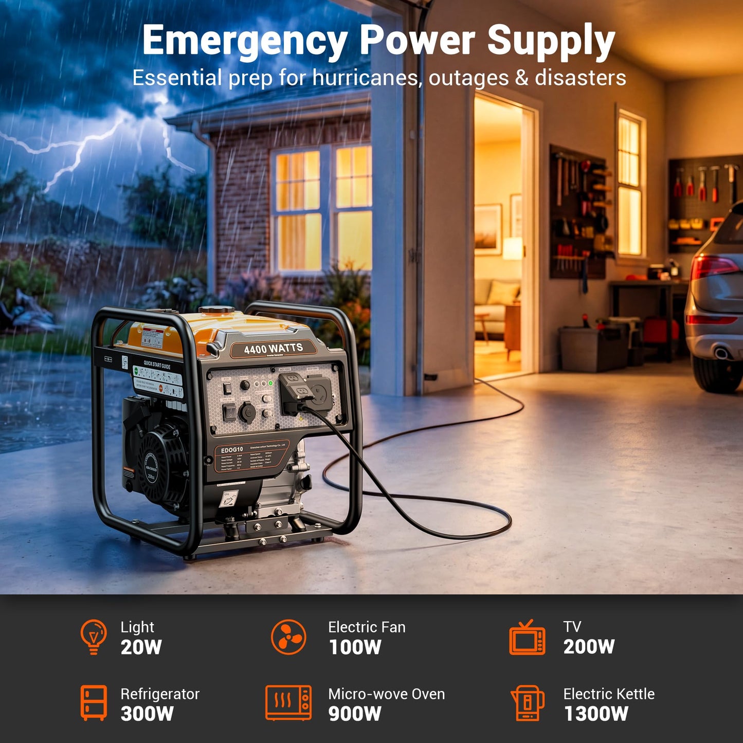 4400 Watt Open Frame Inverter Generator, Gas Powered Portable Generator for Home Backup, RV Ready 30A Outlet, ECO Mode, Quiet Operation, Low Oil Shutoff, Emergency Power, EPA Compliant