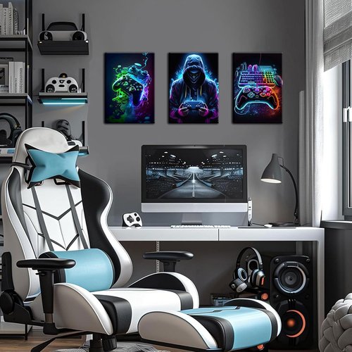 BGFCE Cool Gaming Canvas Wall Art - Retro Video Game Watercolor Posters | Framed Set of 3, 12x16 in