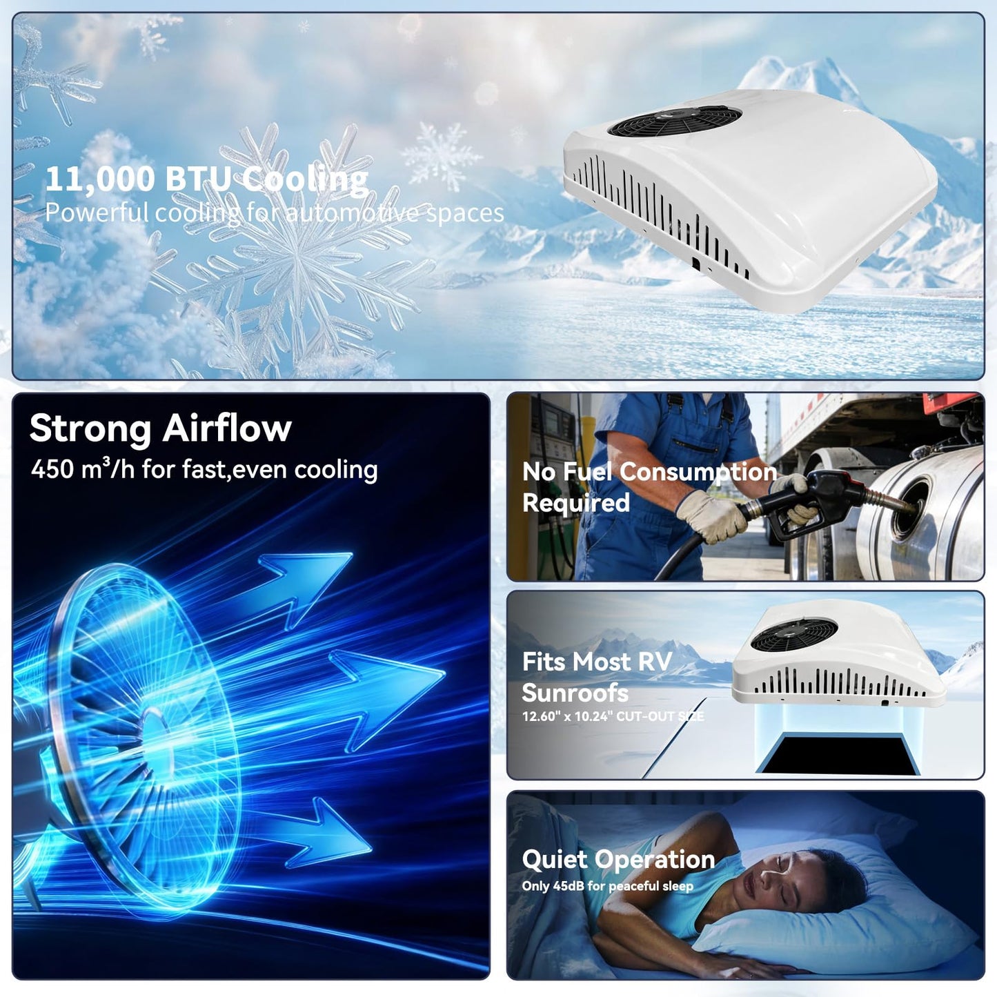Treeligo 10000 BTU 12V DC Rooftop RV Air Conditioner, Battery Powered, Ultra Quiet & Fast Cooling Rooftop Inverter AC Unit with Heater for Motorhome Camper Van Truck and Trailer