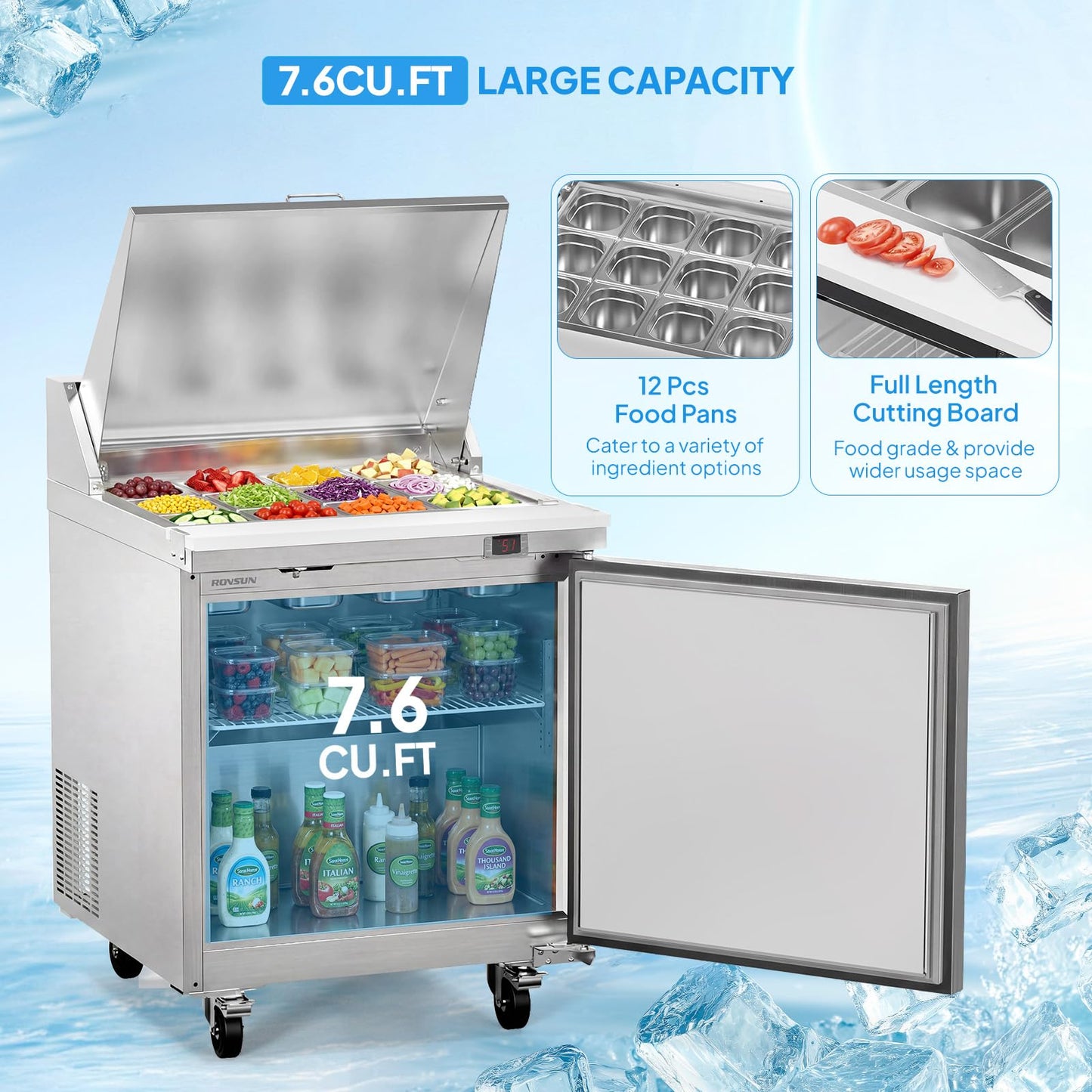 ROVSUN 29" W Sandwich Salad Prep Table Refrigerator ETL NSF, 7.6 Cu.Ft Commercial Refrigerator Salad Bar Stainless Steel w/12 Pans Cutting Board Lockable Wheels Front Door for Restaurant