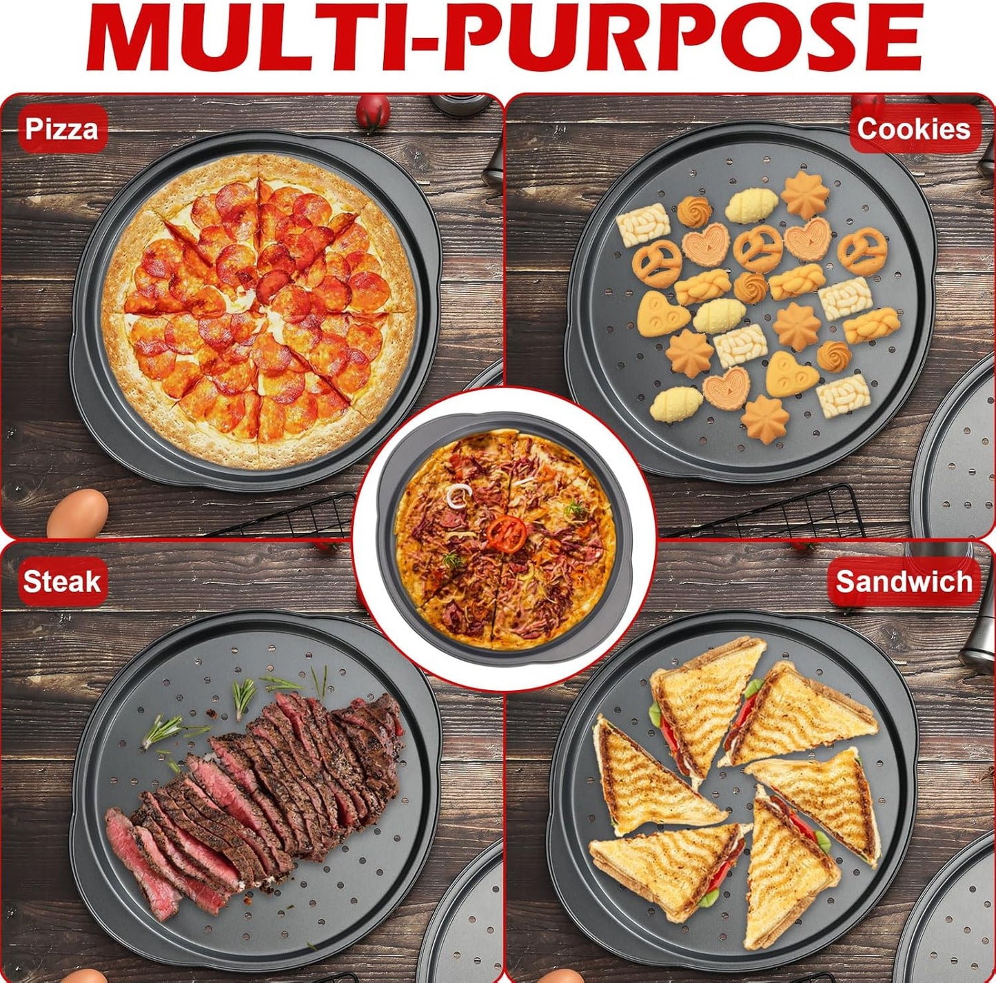Skiennix Pizza Pan - 13" Round Non-Stick Carbon Steel Trays with Handle | Easy to Clean & Oven Safe (2 Pack)