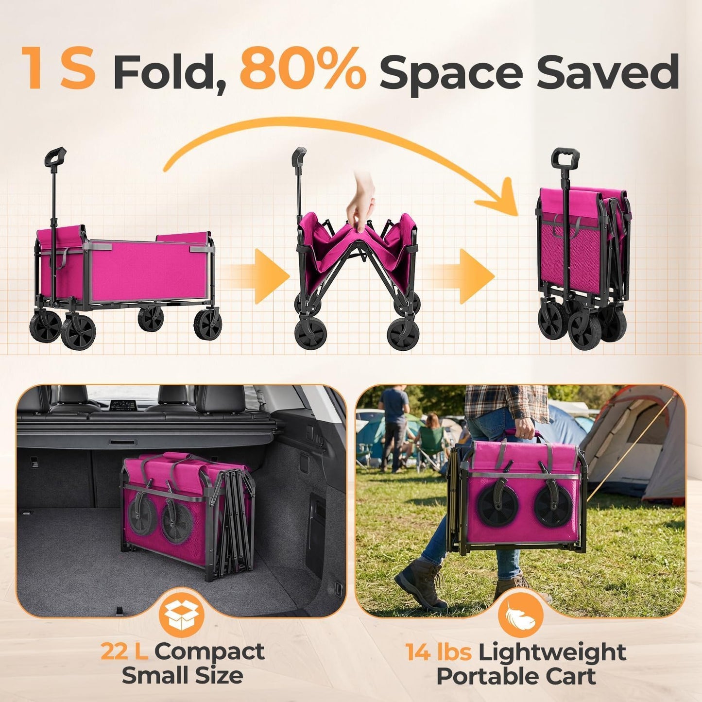 Holacamking Portable Collapsible Wagon Cart, Foldable Cart with Removable Side, Utility Groceries Wagon for Dogs Cats Camping Beach Shopping Sports Gardeing Fishing, Pink