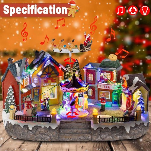 Animated Christmas Village Scene - Santa Sleigh, LED Lights & Rotating Carousel | Musical Holiday Town Square Display
