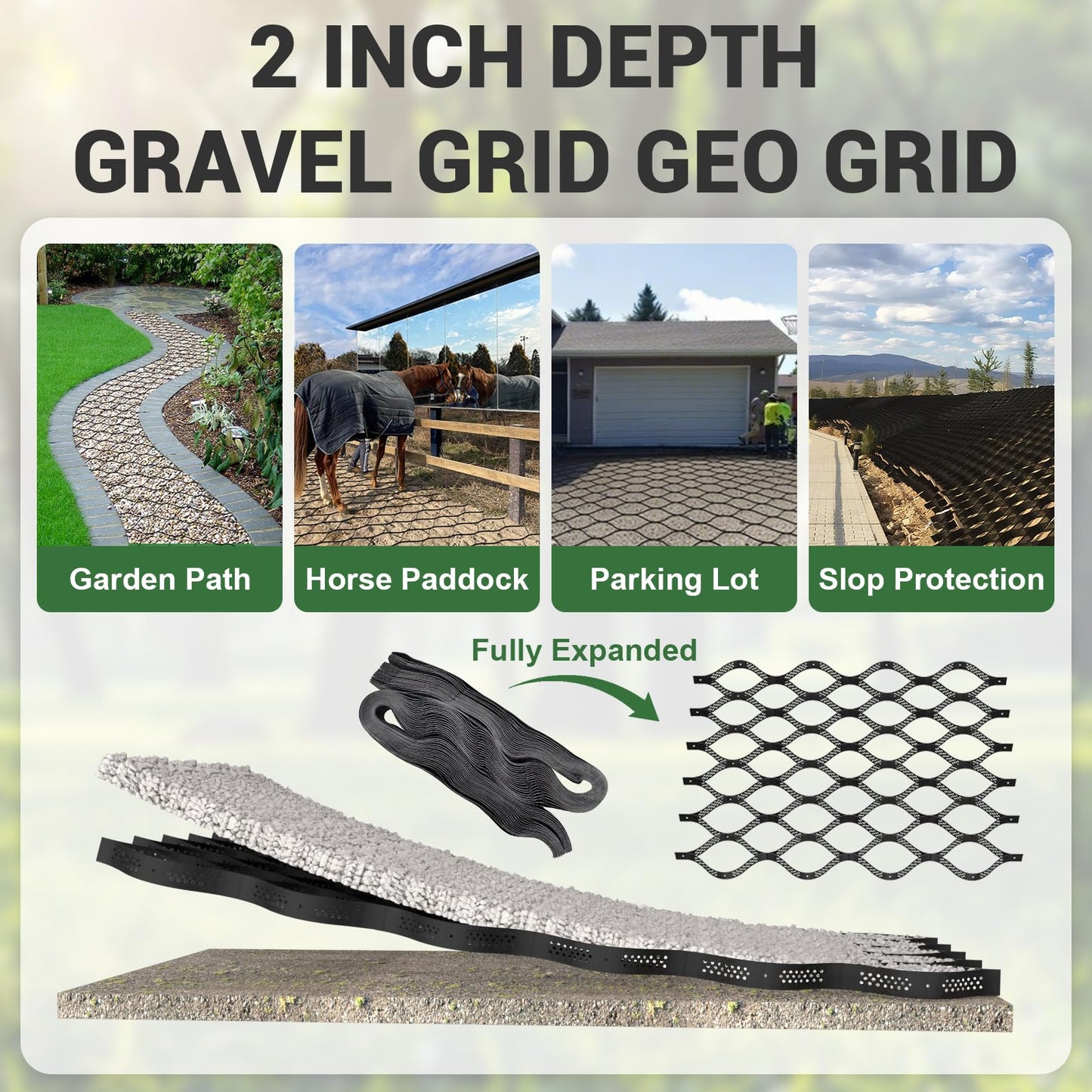 Gravel Grid 4.4x33 FT with 20Pcs Landscape Staples, 2'' Thick Geogrid Ground Grid 2200 lbs per Sq Ft Erosion Control Geo Grid for Driveway, Walkway, Horse Paddock, Patio, Parking Lot, Slope