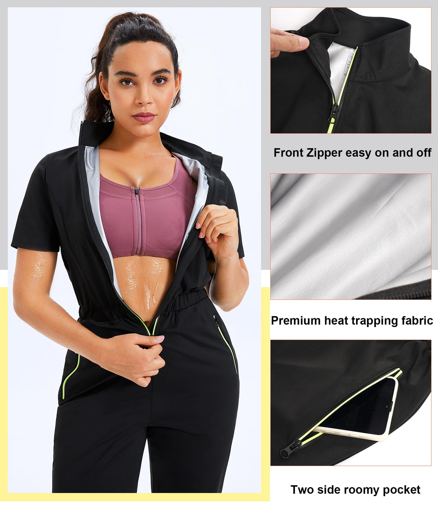 Junlan Sauna Suit for Women Sweat Jumpsuit Stand Collar Heat Trapping Shirt for Women Workout Sports(Black,Large)