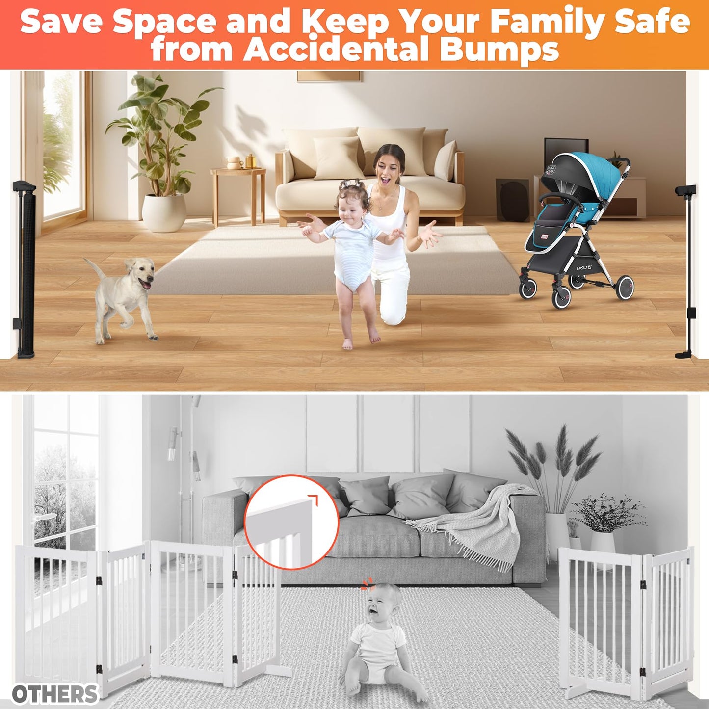 Retractable Baby Gates Dog Gate - 200" Extra Wide Expandable Child Safety Gate, 37" Tall Toddler Pet Mesh Gate with Reinforced Strips for Doorways, Stairs, Hallways, Outdoor & Indoor Large Openings