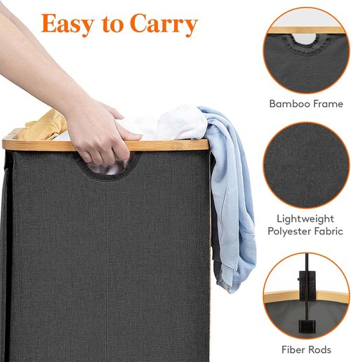 Lifewit 150L Laundry Basket - Foldable Hamper with Lid & Bamboo Handles | Dark Gray, 2 Removable Bags