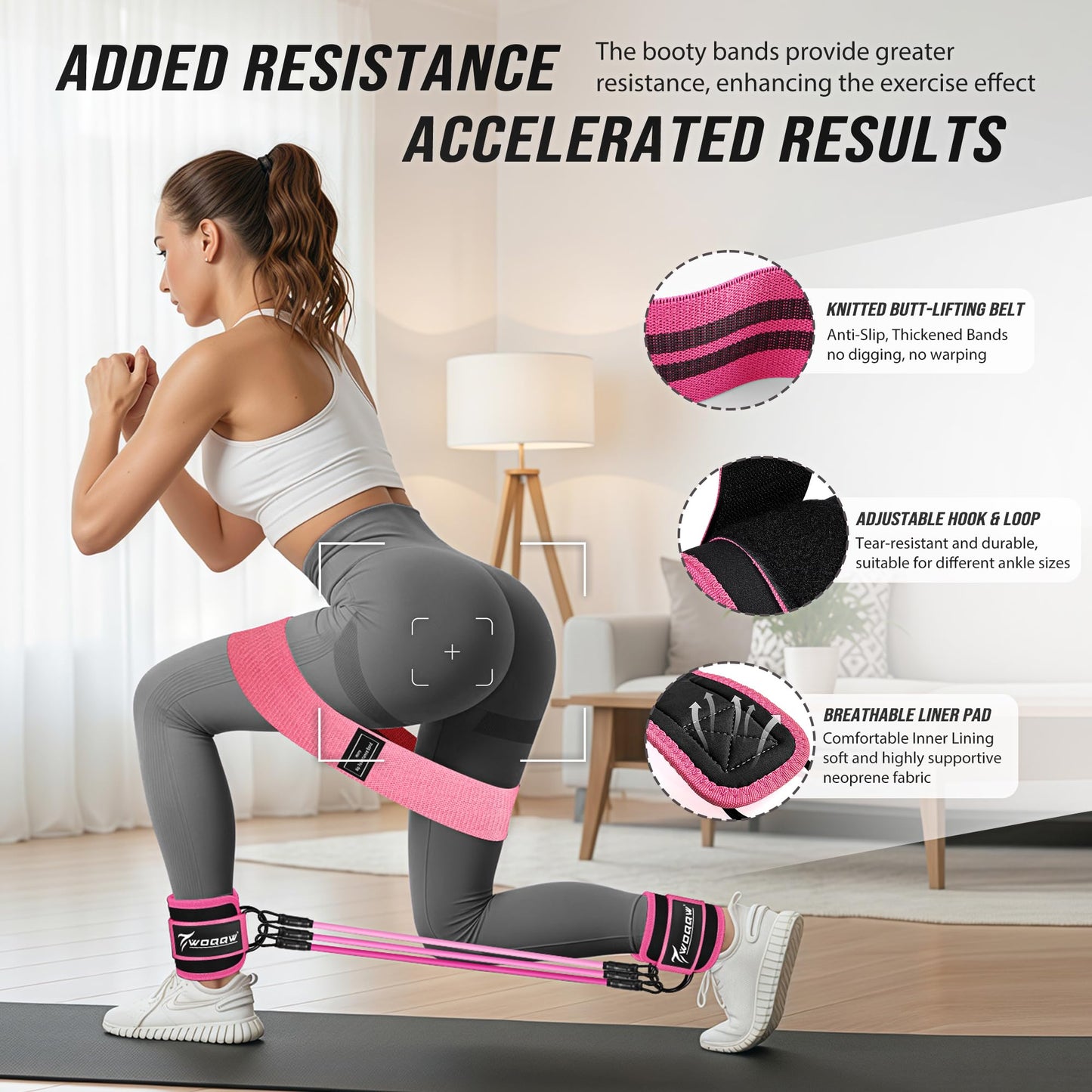 WOQQW Resistance Bands Set - Ankle Resistance Bands with Cuffs for Legs & Glute Workout, Fabric Booty Bands for Women, Home Gym Exercise Equipment for Hip, Pilates, Fitness, Yoga, Physical Therapy