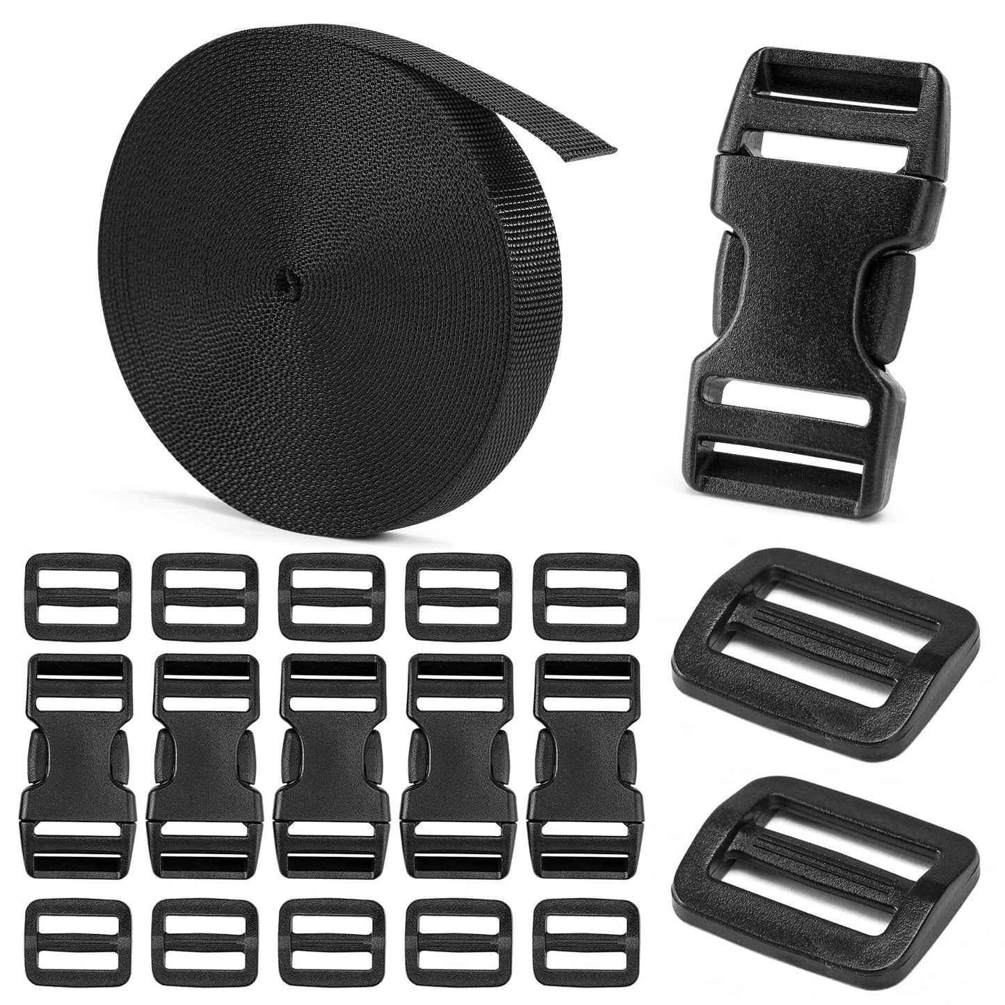 BEYOURD 3/4" Buckles and Straps Set: 6 Yards of Thick Nylon Webbing, 6-Pack Quick Side Release Adjustable Plastic Buckles, 12 Tri-Glide Slide Clips(3/4 Inch Combo Set)