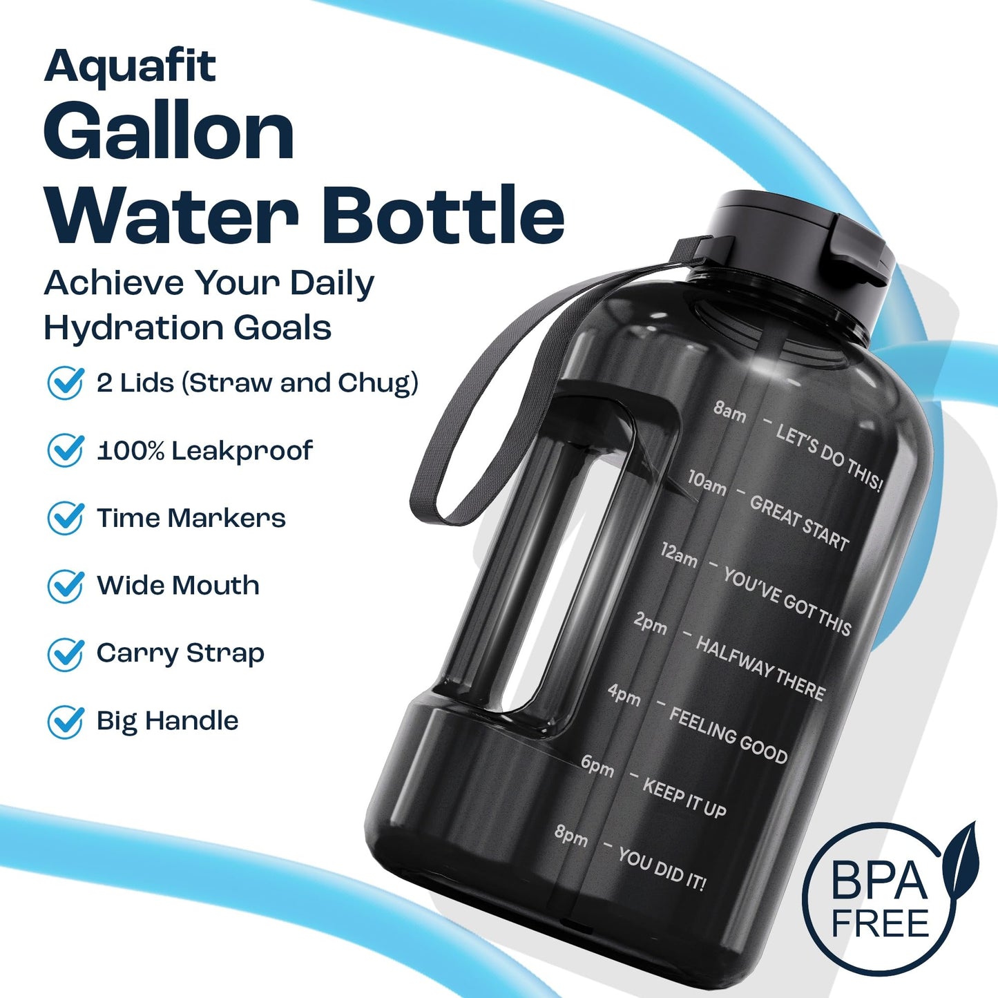 AQUAFIT 128 oz Water Bottle with Time Marker - Straw & Chug Lid - BPA Free 1 Gallon Gym Water Bottle with Handle - Big Gallon Jug (Gray, 128 Ounces)