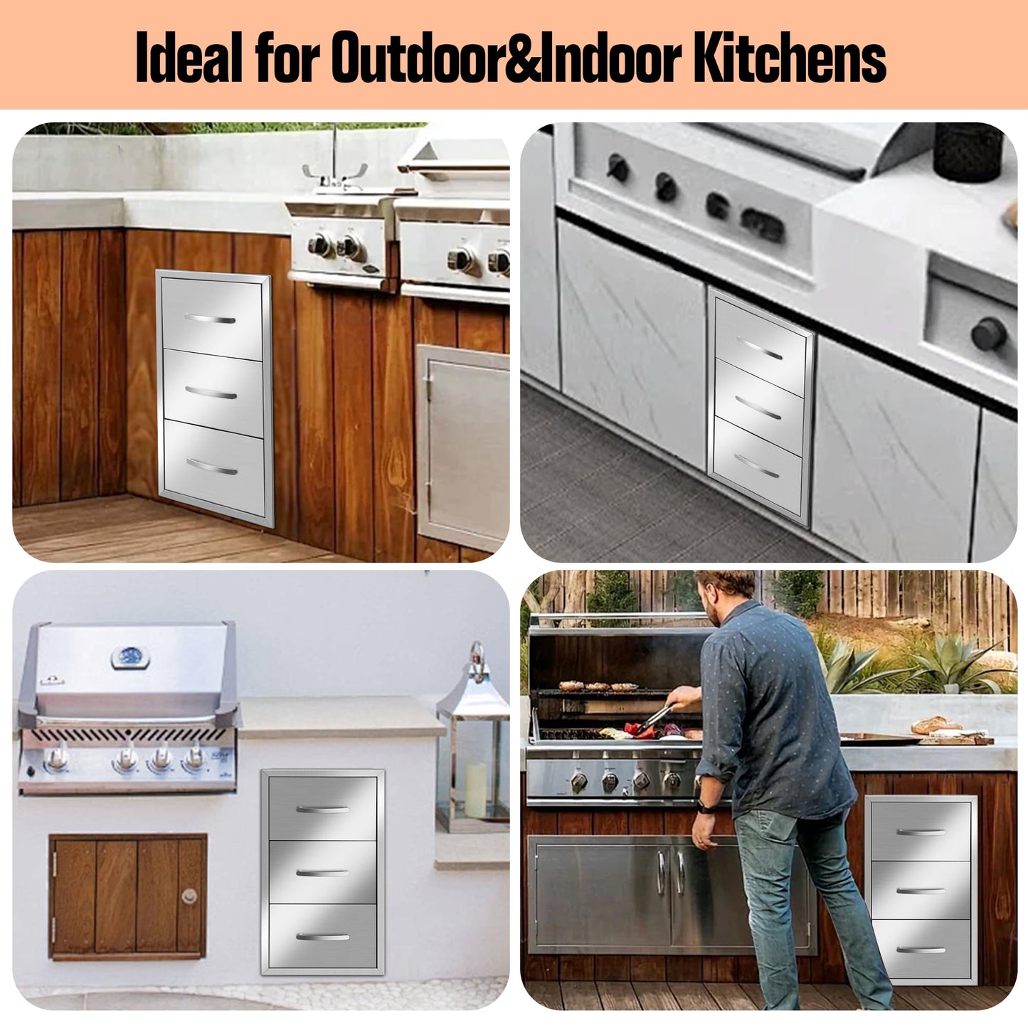 RAILEN Outdoor Kitchen Drawers 16" W x 28" H x 20" D Built-in BBQ Drawer Stainless Steel Access Drawers for Outdoor Kitchen Island or Grill Station