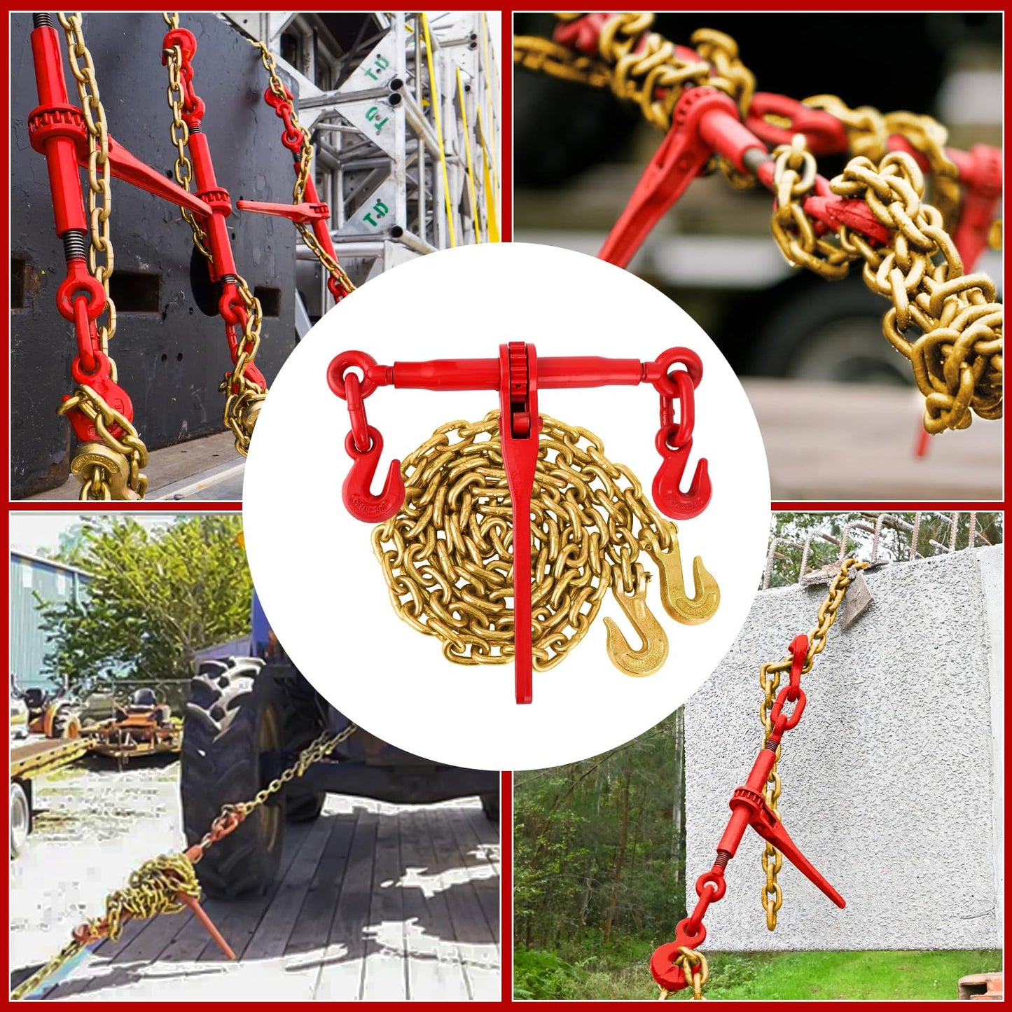 2 Pcs 5/16'' to 3/8'' Chain and Binder Kit, Ratchet Load Binder with Work Load Limit 9200 LBS, 5/16''x10 FT Grade 70 Chain with Working Load Limit 6600 LBS for Heavy Duty Cargo Flatbed Trailers
