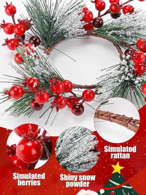 Christmas Candle Rings | Festive Wreath Garland for 3" Dia Pillar Candles with Red Berries