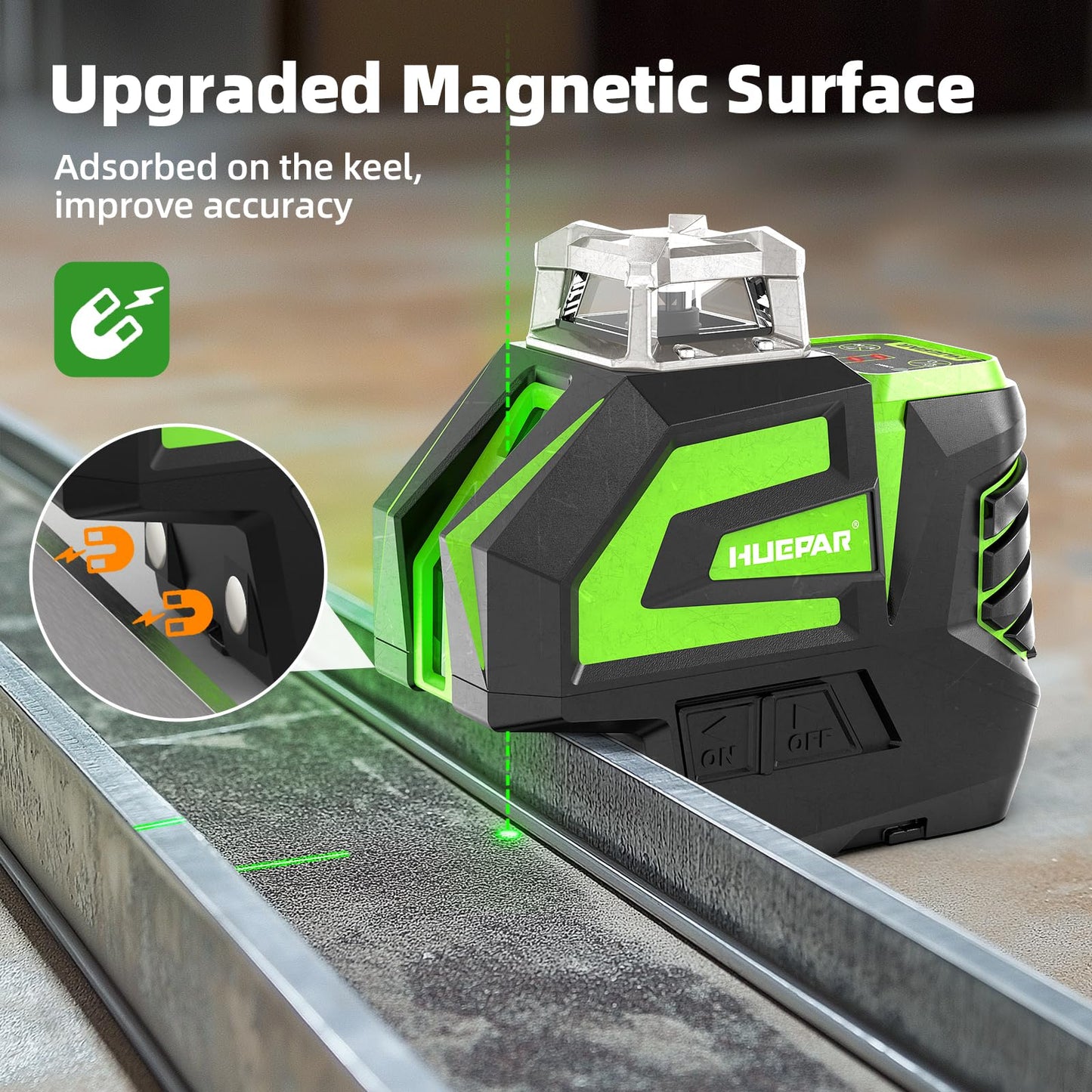 Huepar Self Leveling Laser Level Green Cross Line Laser Tool with 2 Plumb Dots, Fathers Days Dad Gifts-360° Horizontal Line&140° Vertical Level Laser with Up&Down Points -Magnetic Bracket&AA Batteries