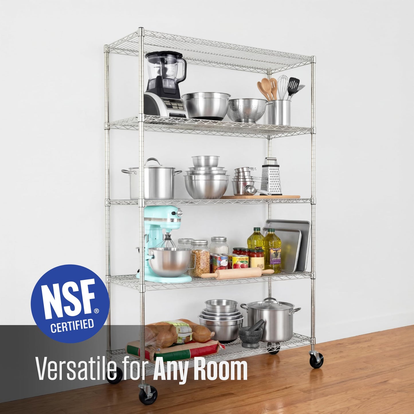 SafeRacks - NSF Certified Storage Shelves, Zinc, Heavy Duty Steel Wire Unit with Wheels and Adjustable Feet, Garage or Bakers Rack, Kitchen, Pantry Shelf - (18"x48"x72" 5-Tier) (Silver)