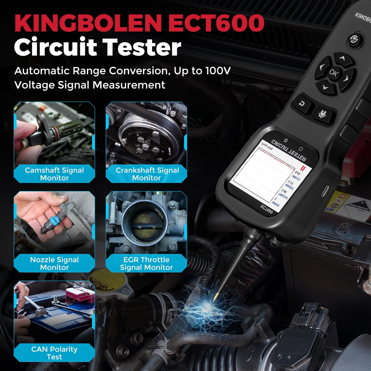 KINGBOLEN ECT600 Automotive Power Circuit Probe Tester with Battery/Relay/Fuel Inject Test, 12-24V Electrical Short/Open Circuit Finder, AC/DC Voltage,Component Activation, Oscilloscope Display,36FT