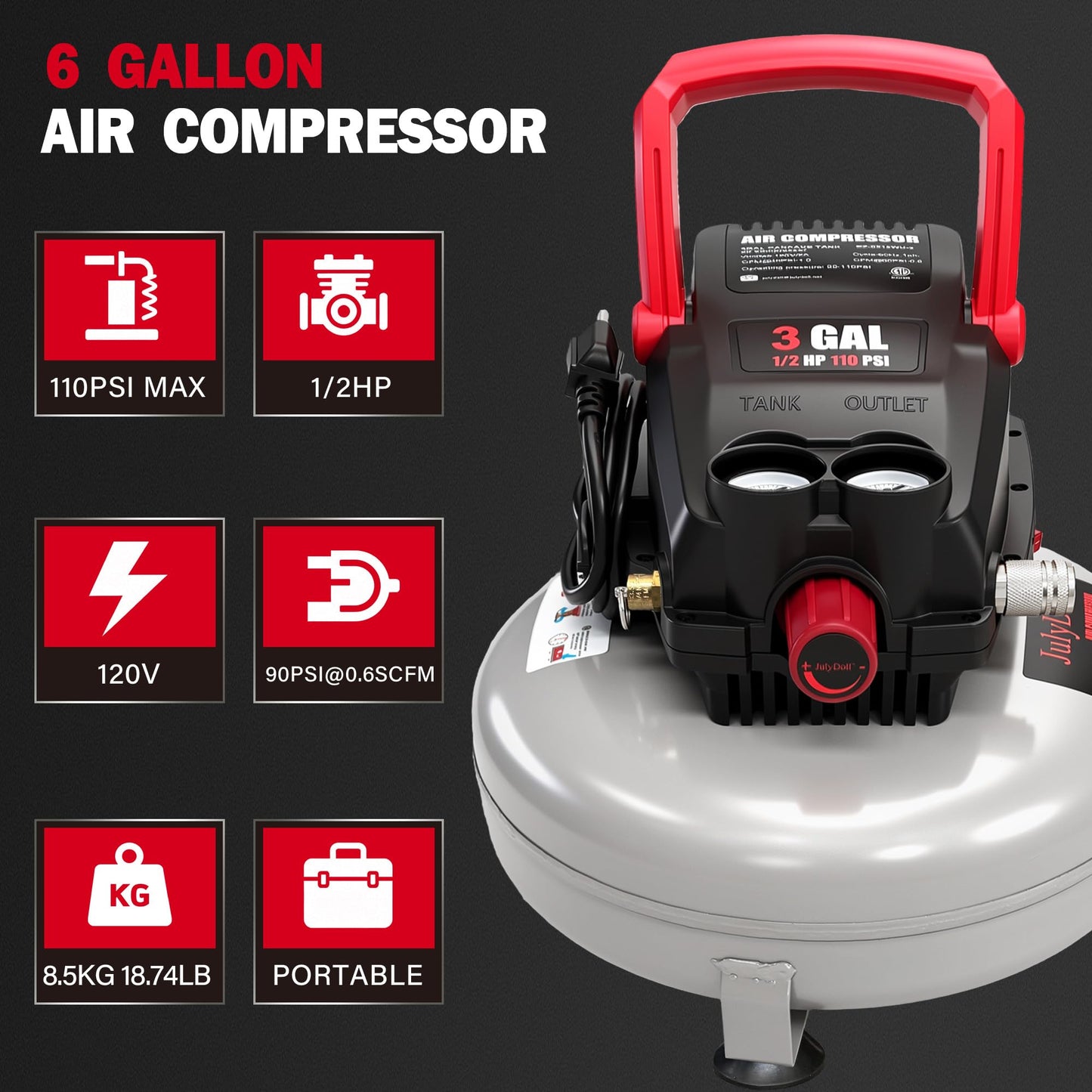 3 Gallon Pancake Air Compressor, 120V/60HZ 0.5HP, Max 110PSI, Aluminum Wire Motor, Portable Compact Air Compressor for Home, Garage & DIY Projects