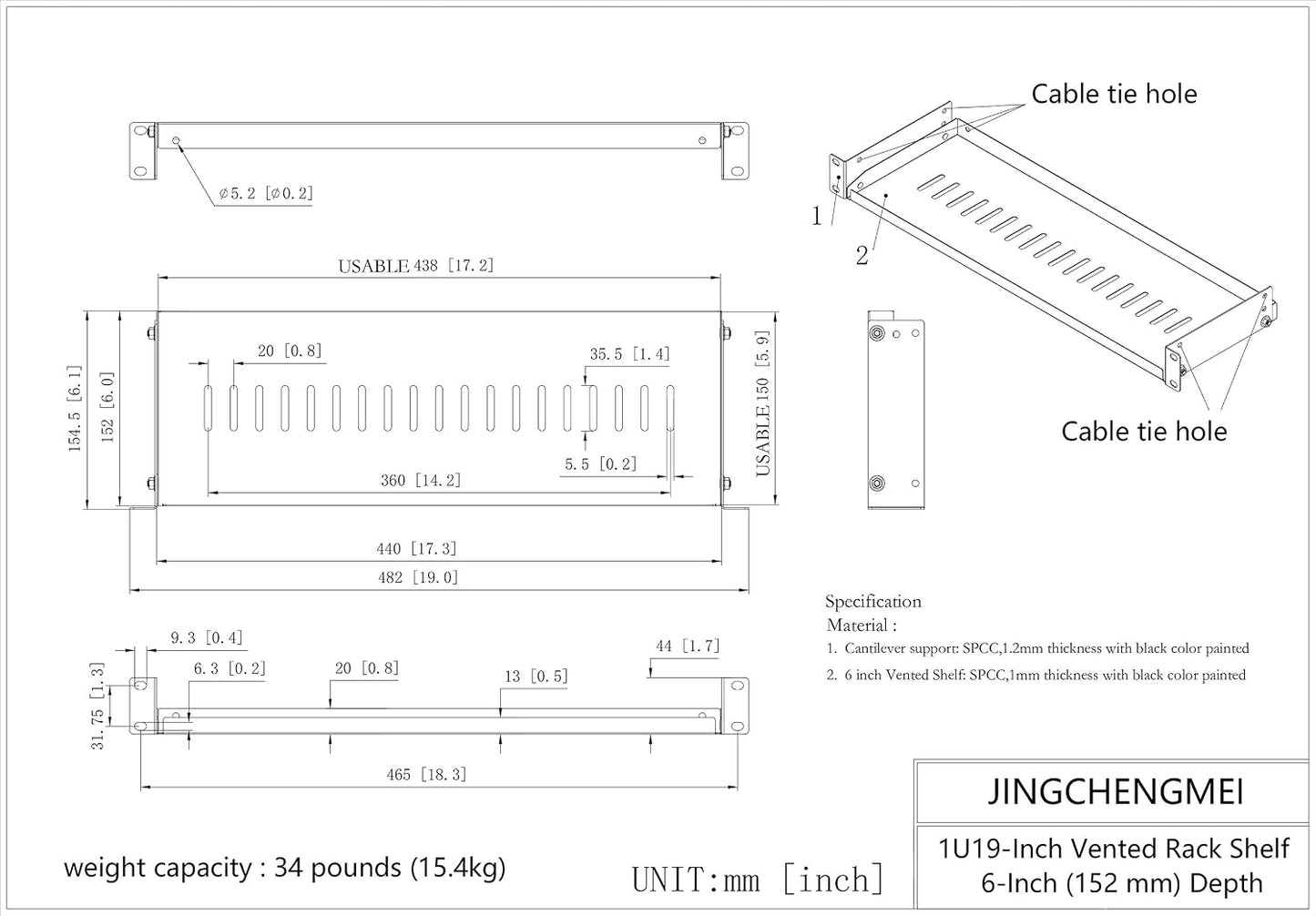JINGCHENGMEI 2 Pack 1U 6" (154mm) 19" Black(6V2PC) of Vented Cantilever Server Rack Mount Shelf Deep for Network