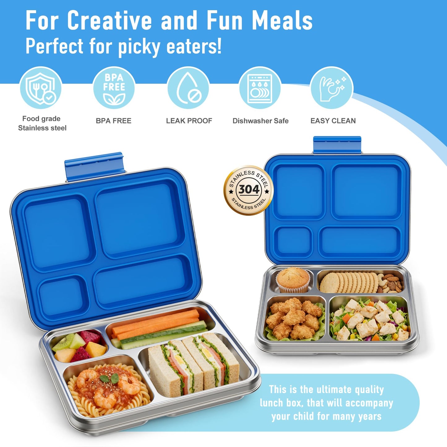 BABHAMNESS Stainless Steel Kids Bento Lunch Box, 4-Compartments with Silicone Container, Dishwasher-Safe, Child-Friendly Design for School and Travel,BPA-Free(Blue)
