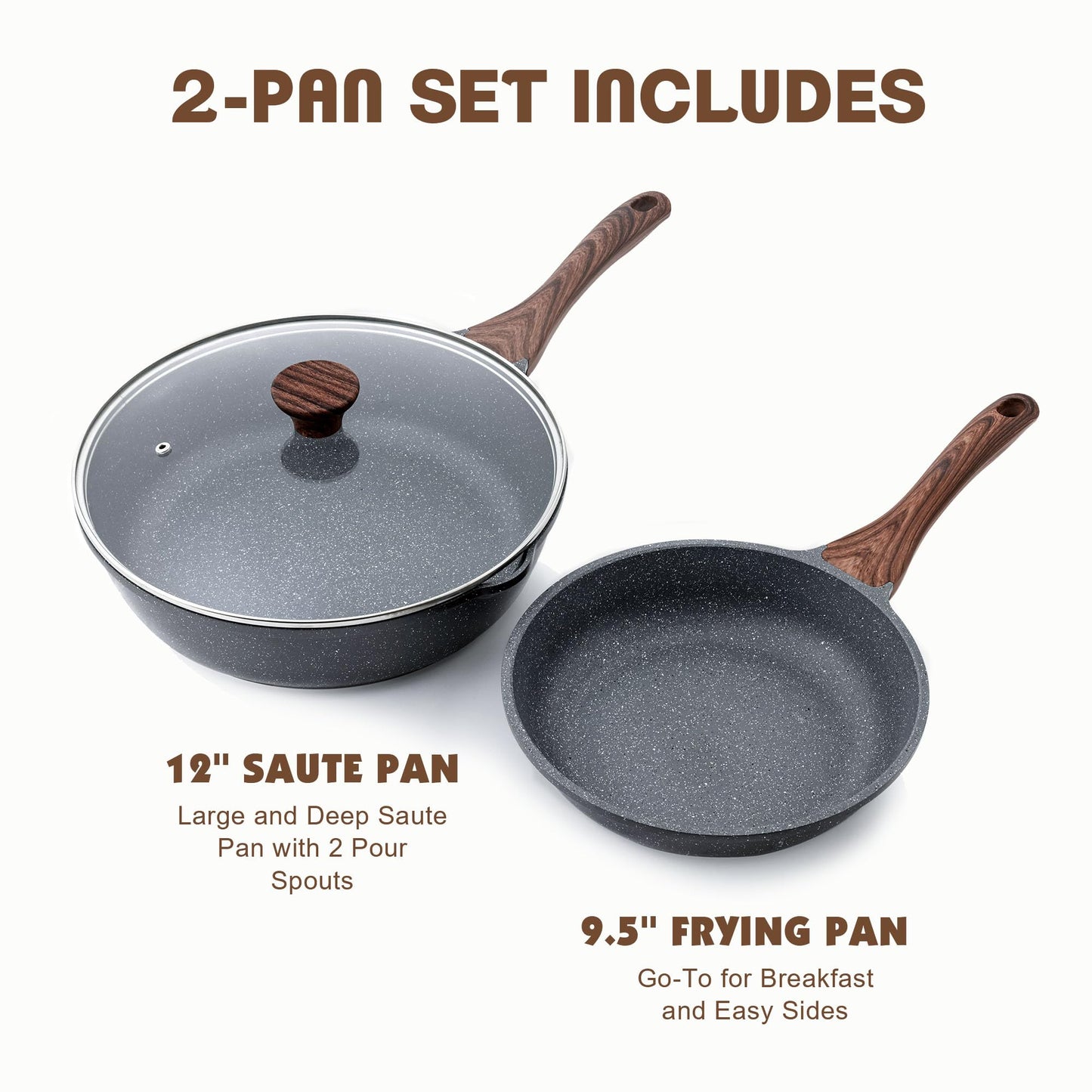 SENSARTE Nonstick Frying Pan Skillets, Swiss Granite Coating Omelette Pans, Healthy Cookware, Free of Intentionally Added PFOA (9.5 Inch Frying Pan and 5QT Saute Pan)