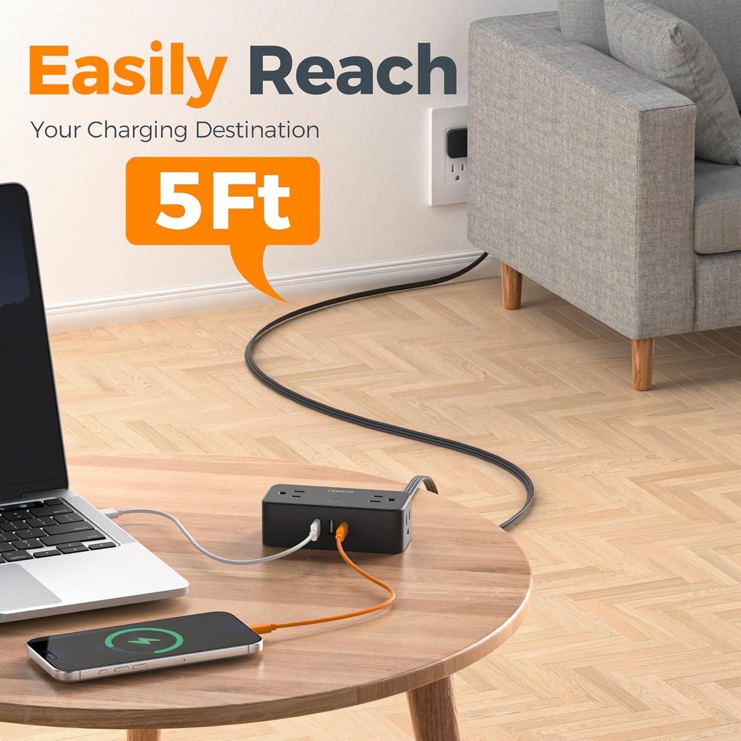 TESSAN 5 4 1 2 900 Flat Plug Extension Cord FT, Surge Protector Power Strip with AC Outlets USB C and USB A Ports